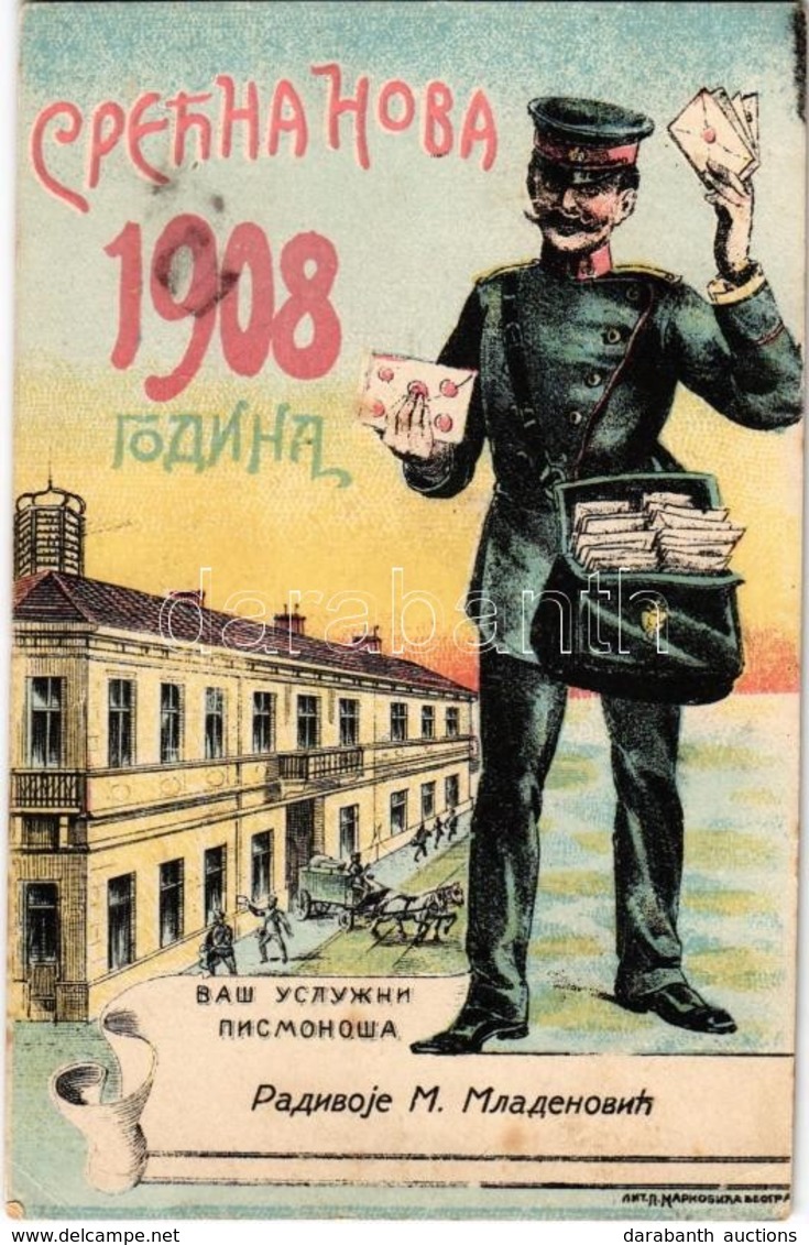 ** T2/T3 1908 Happy New Year! Serbian Cyrillic New Year Greeting Card With Postman, Litho (non PC) (EK) - Non Classés