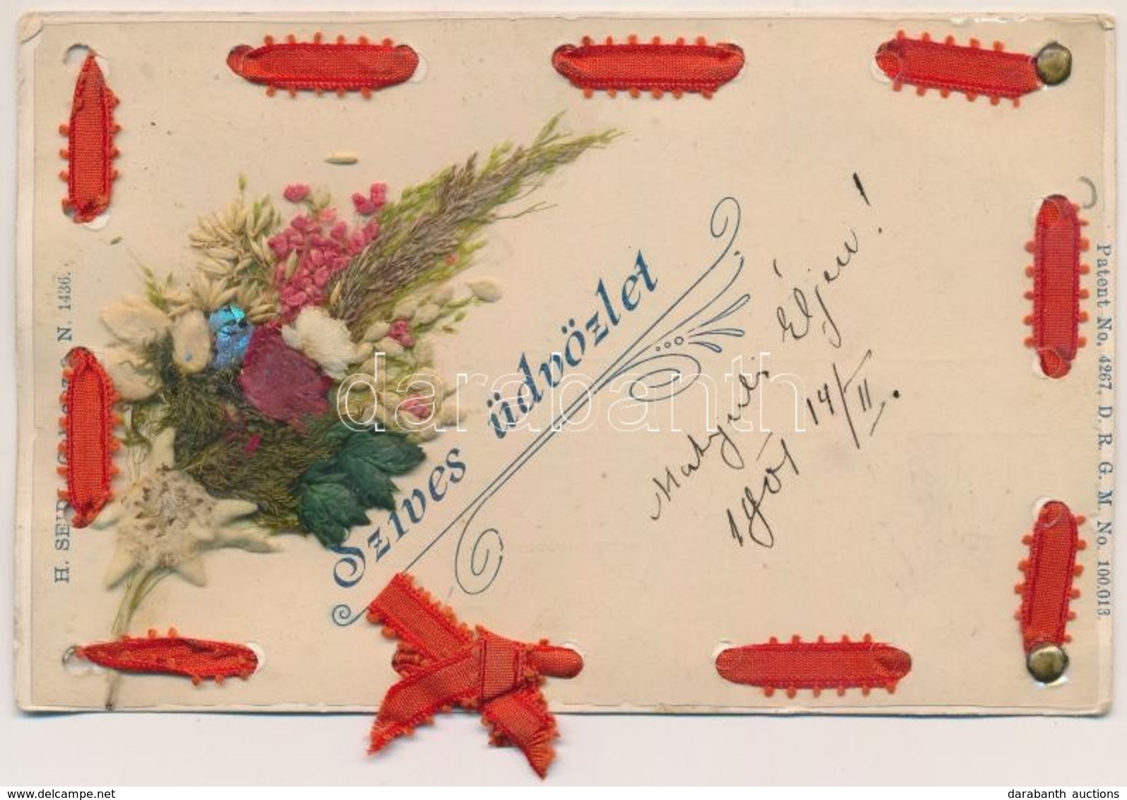 T2/T3 Szíves üdvözlet. Élővirágos üdvözlőlap / Greeting Card With Real Flower. H. Seidl, Gablonz Patent No. 4267. DRGM N - Non Classés