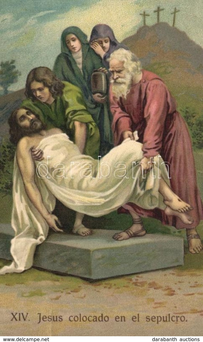 ** Via Crucis - 14 Darabos Litho Képeslap Sorozat Jézus Keresztútjáról. Saját Tokjában / Litho Postcard Serie With 14 Po - Non Classés