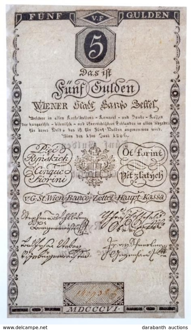 1806. 5G 'Bécsi Városi Bankócédula' Vízjeles Papíron T:III Restaurált / Habsburg Monarchy 1806. 5 Gulden 'Wiener-Stadt B - Non Classés