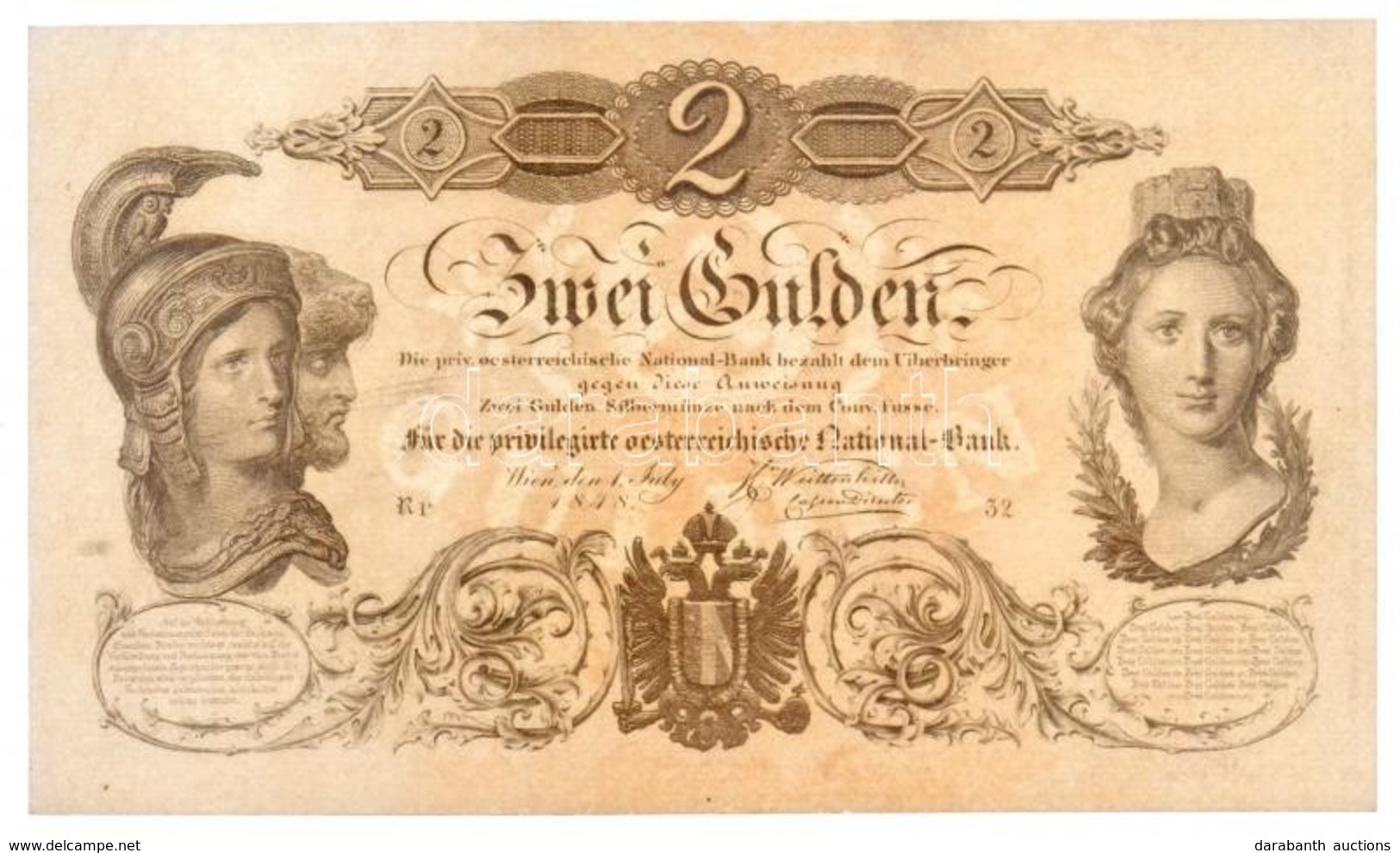 1848. 2G 'Privilegirte Oesterreichische National-Bank', Vízjeles Papíron 'Rr 32' Sorszámmal T:II / Hungary 1848. 2 Gulde - Unclassified