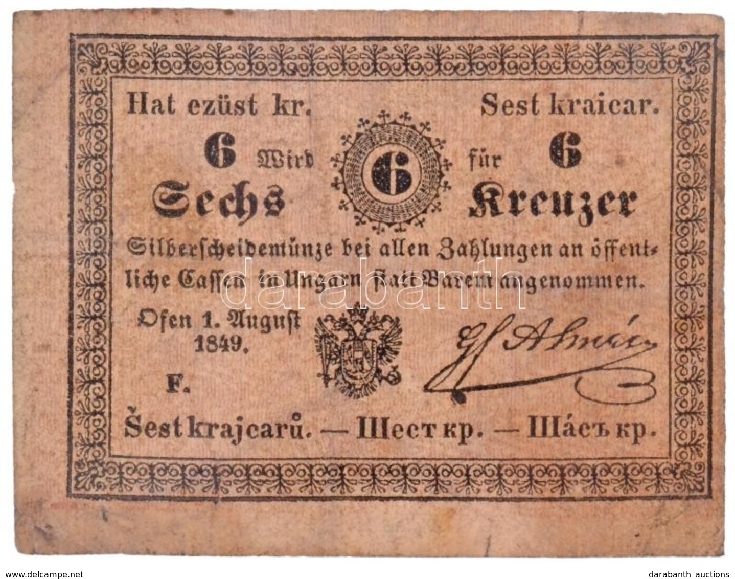 1849. 6kr 'Almásy', 'F' Sorozat T:III- / Hungary 1849. 6 Kreuzer 'Almásy', With 'F' Prefix C:VG 
Adamo G100 - Unclassified