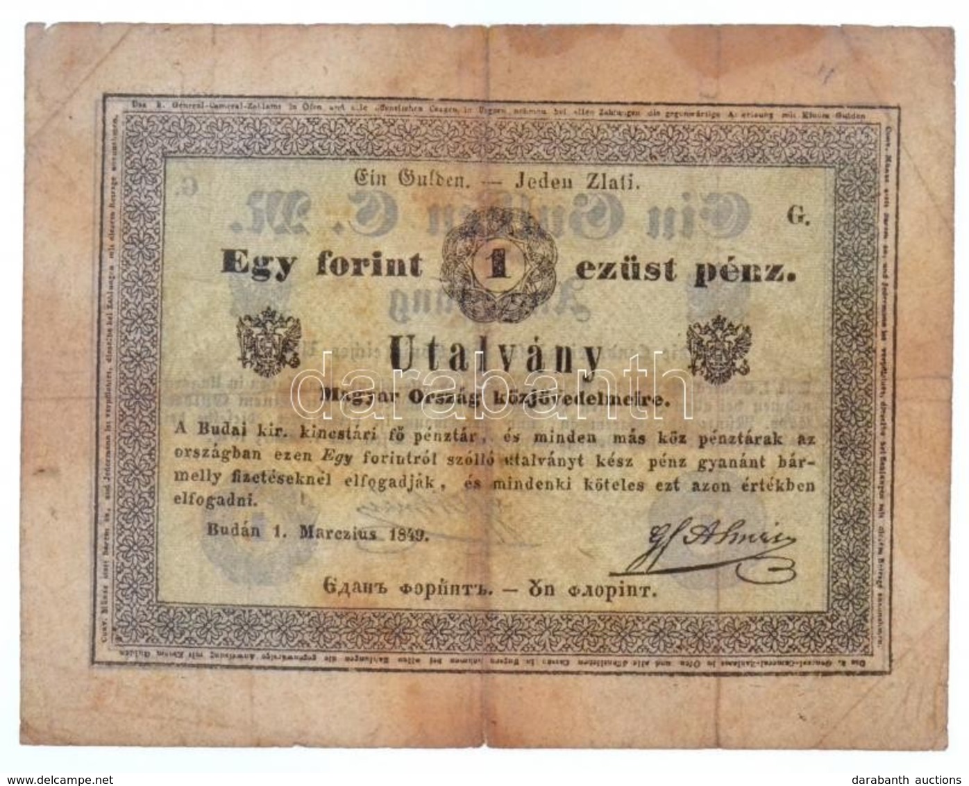 1849. 1Ft 'Almássy' Vízjeles Papíron, 'G' Betűjel T:III- Fo. / Hungary 1849. 1 Forint 'Almássy' On Watermarked Paper, Wi - Zonder Classificatie