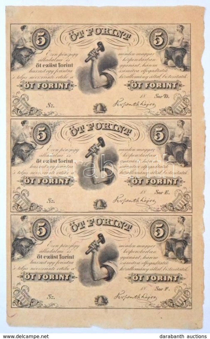 1852. 5Ft 'Kossuth Bankó' Kitöltetlen 'D','E','F' Hármas ívben T:I,I- / Hungary 1852. 5 Forint Blokk Of 3 (D,E,F) Withou - Unclassified