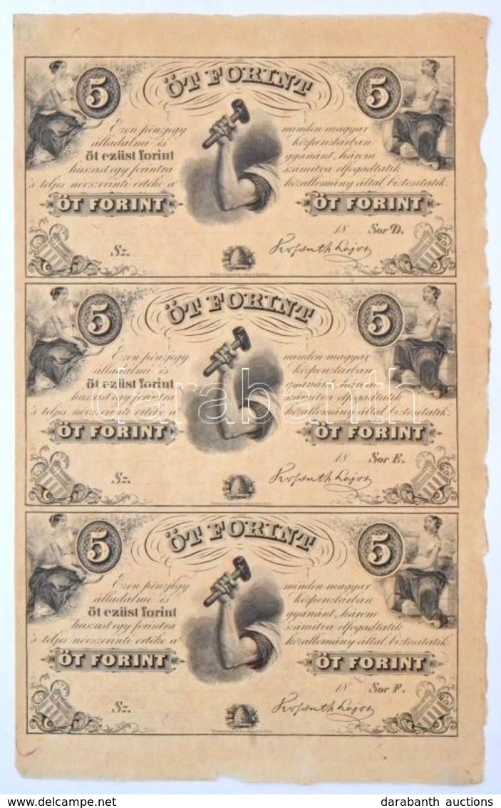 1852. 5Ft 'Kossuth Bankó' Kitöltetlen 'D','E','F' Hármas ívben T:I,I- / Hungary 1852. 5 Forint Blokk Of 3 (D,E,F) Withou - Non Classés