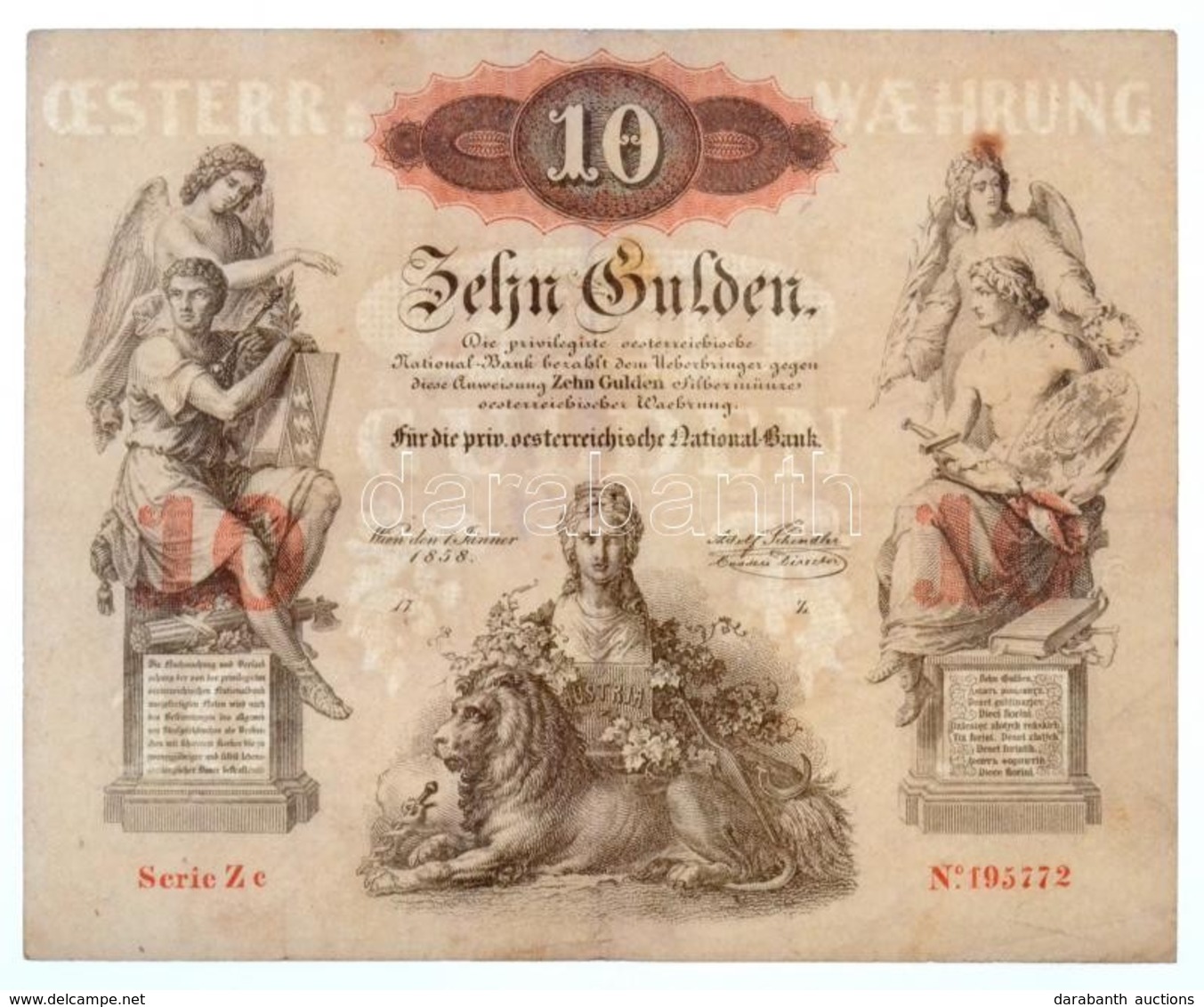 1858. 10G 'Zc 195772' Vízjeles Papíron T:III Fo. / 
Austrian Empire 1858. 10 Gulden 'Zc 195772' On Watermarked Paper C:F - Unclassified