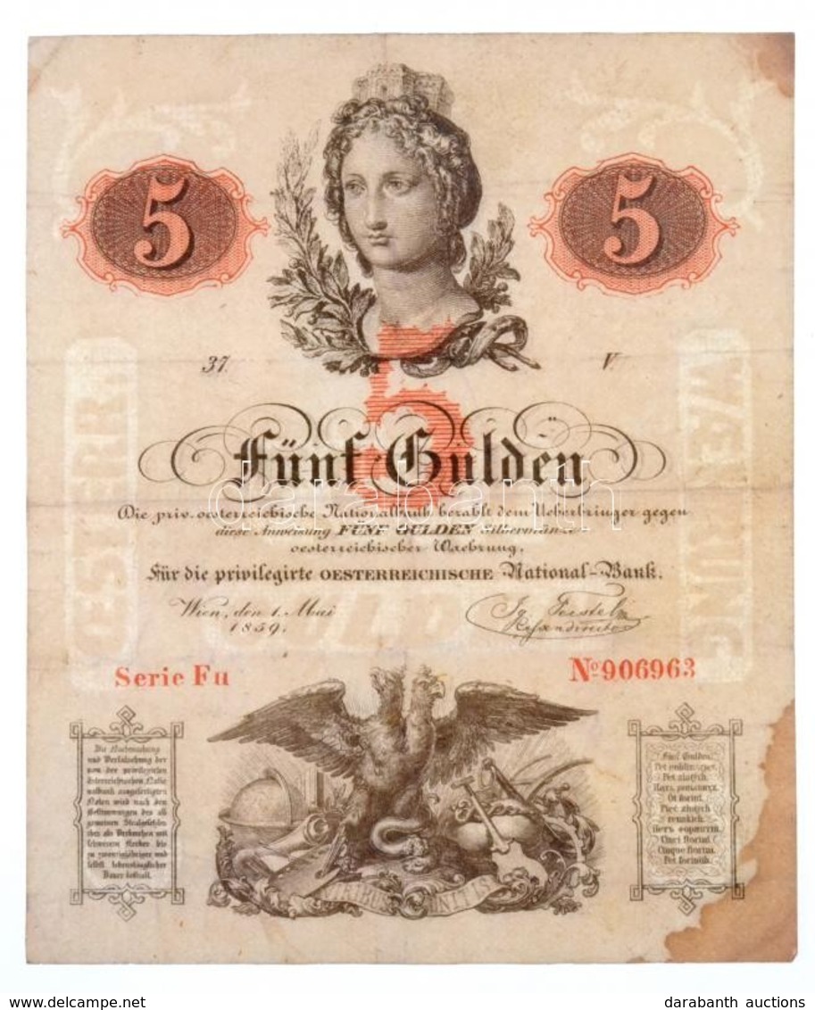 1859. 5G 'Fu 906963' Vízjeles Papíron T:III Fo. / Austrian Empire 1859. 5 Gulden 'Fu 906963' On Watermarked Paper C:F Sp - Unclassified