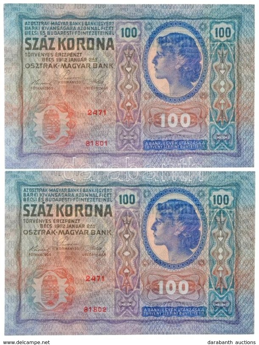 1912. 100K (2x) Sorszámkövető T:I / 
Hungary 1912. 100 Korona (2x) Sequential Serials C:UNC
Adamo K28 - Unclassified