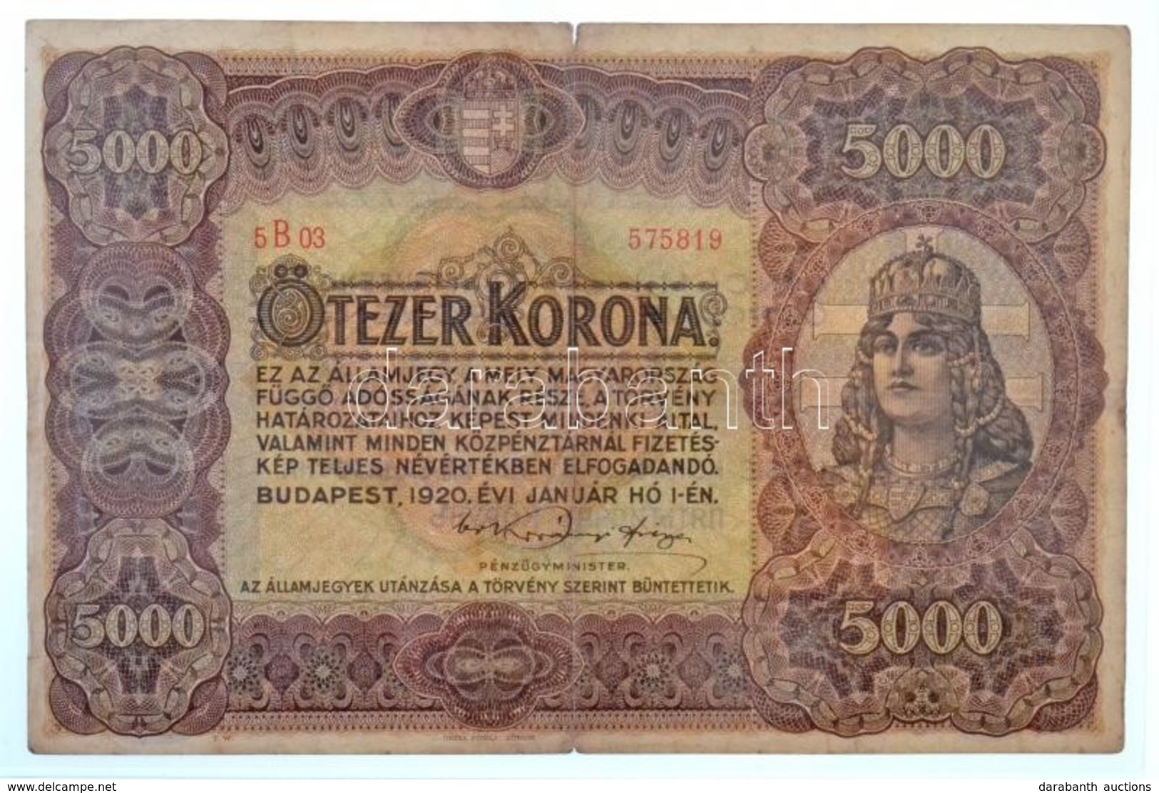 1920. 5000K 'Orell Füssli Zürich' Piros Sorozat- és Sorszám '5B03 575819' T:III Kis Szakadás / Hungary 1920. 5000 Korona - Non Classés