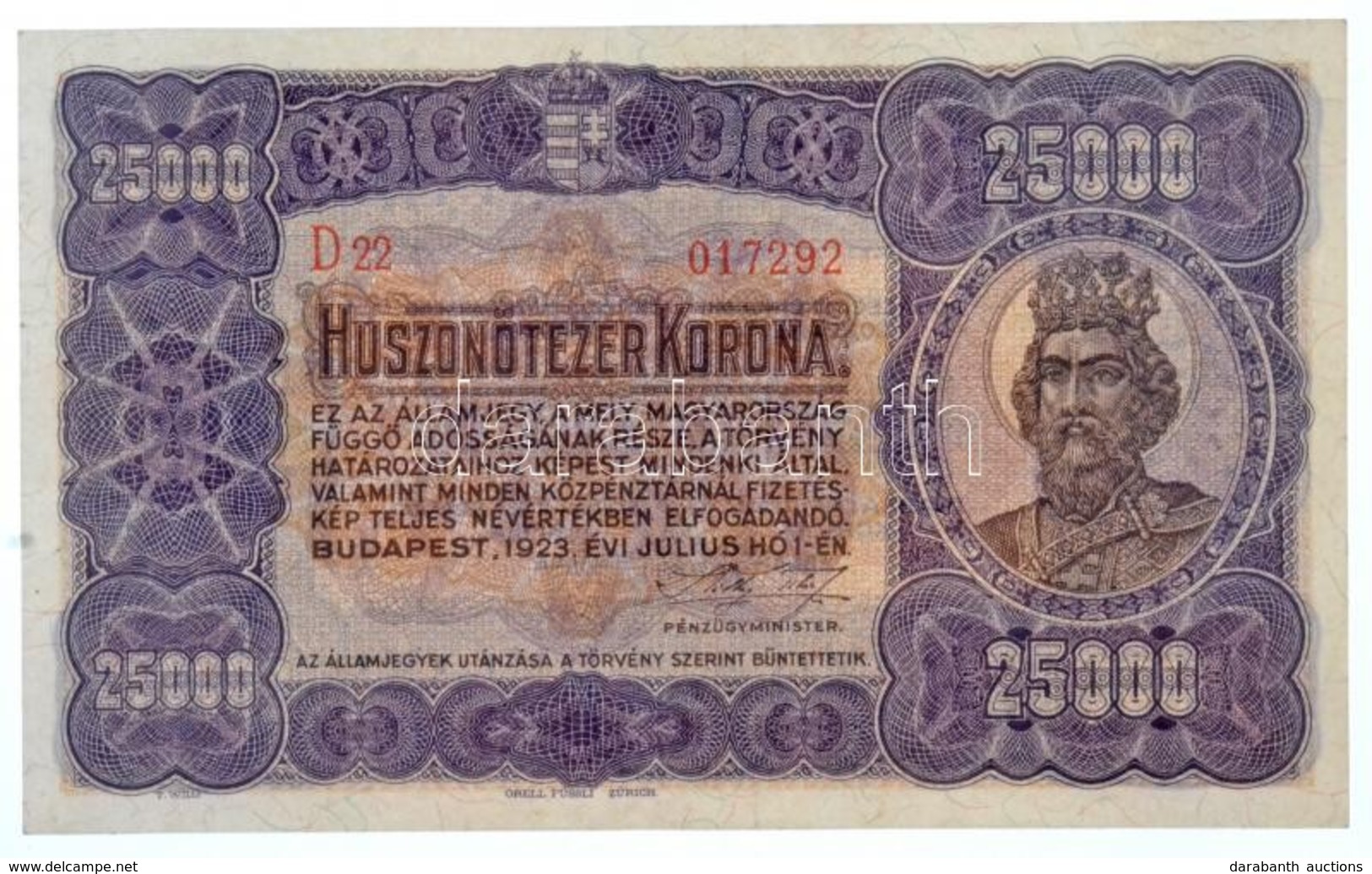 1923. 25.000K 'Orell Füssli Zürich' Piros Sorszám 'D22 017292' T:III Szép Papír / Hungary 1923. 25.000 Korona 'Orell Füs - Non Classés