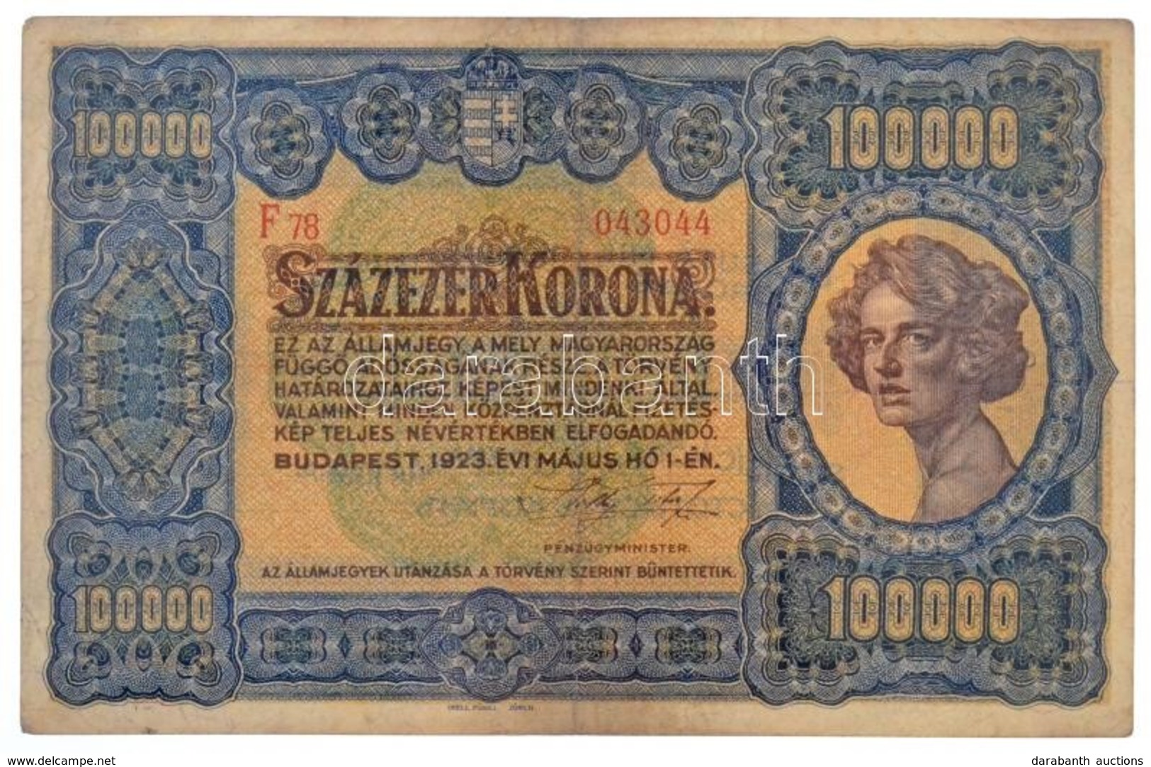 1923. 100.000K 'F78 043044' Sorszámmal 'Orell Füssli Zürich' T:III / Hungary 1923. 100.000 Korona With 'F78 043044' Seri - Non Classés