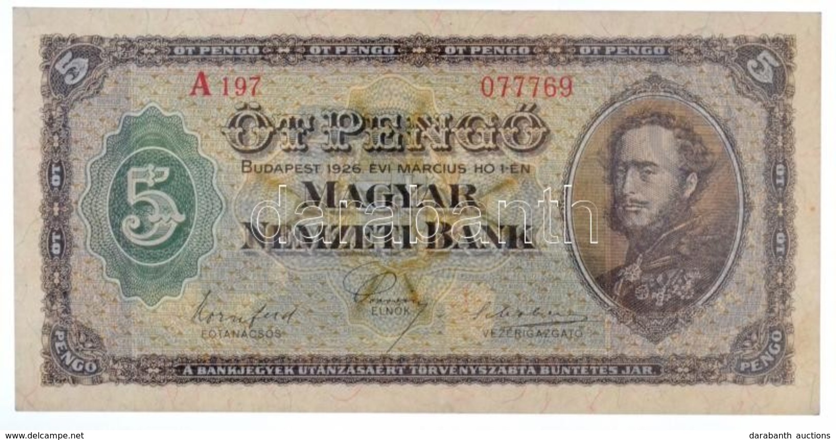 1926. 5P 'A 197 077769' T:I- / 
Hungary 1926. 5 Pengő 'A 197 077769' C:AU 
Adamo P3 - Unclassified