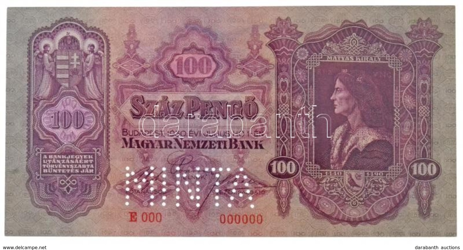 1930. 100P 'E000 - 000000' Sorozat és Sorszámmal, 'MINTA' Perforációval T:I / Hungary 1930. 100 Pengő With 'E000 - 00000 - Ohne Zuordnung