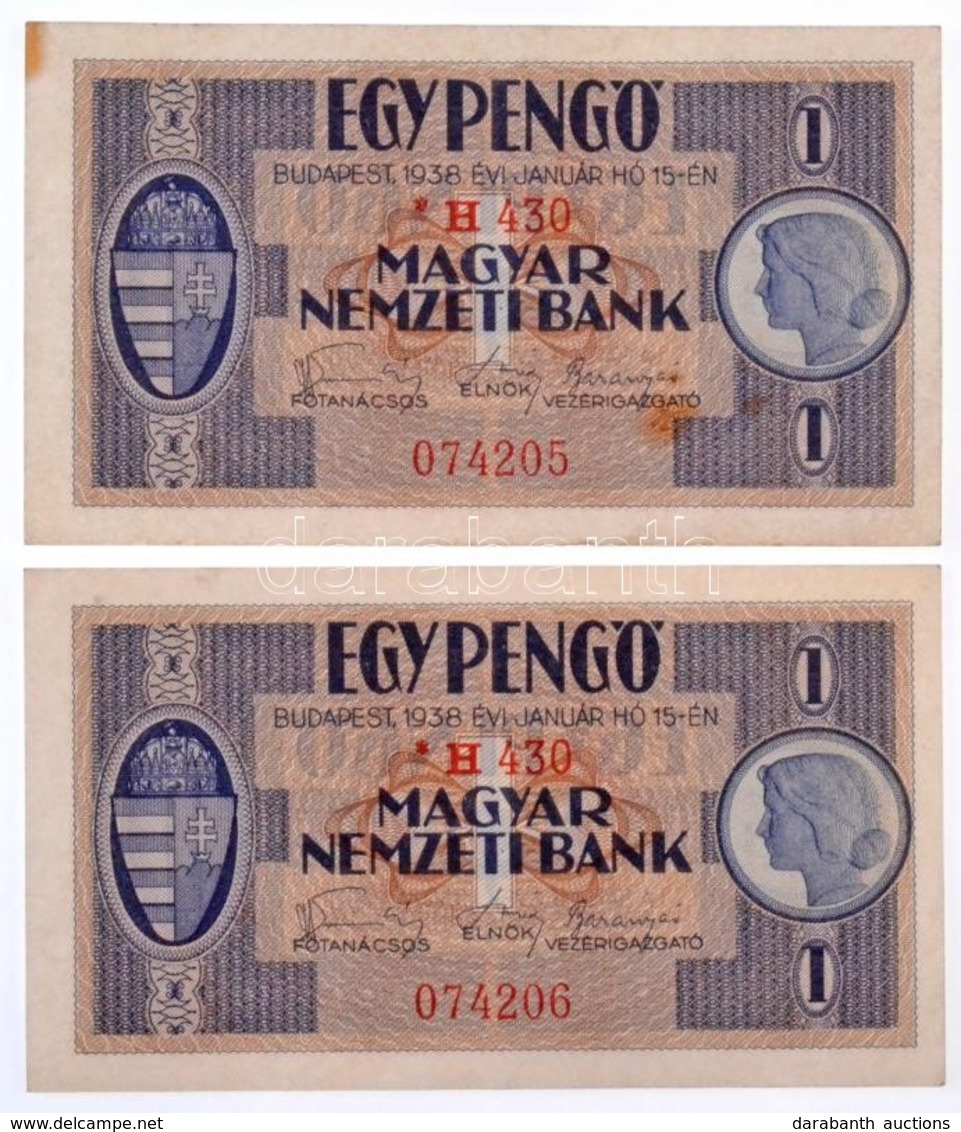 1938. 1P, II. Kiadás Csillagos Sorszámmal, (2x) Sorszámkövetők 'H430 074205 - H430 074206' T:I- Kis Fo. /
Hungary 1938.  - Unclassified