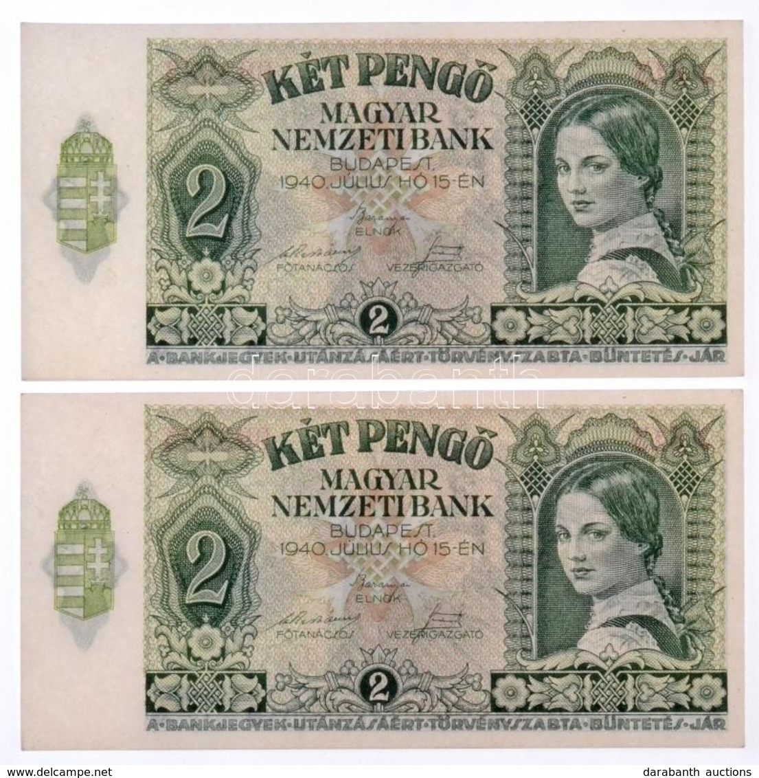 1940. 2P (2x) Sorszámkövetők 'J613 093333 - J613 093334' T:I,I- / Hungary 1940. 2 Pengő (2x) Sequential Serials 'J613 09 - Non Classés