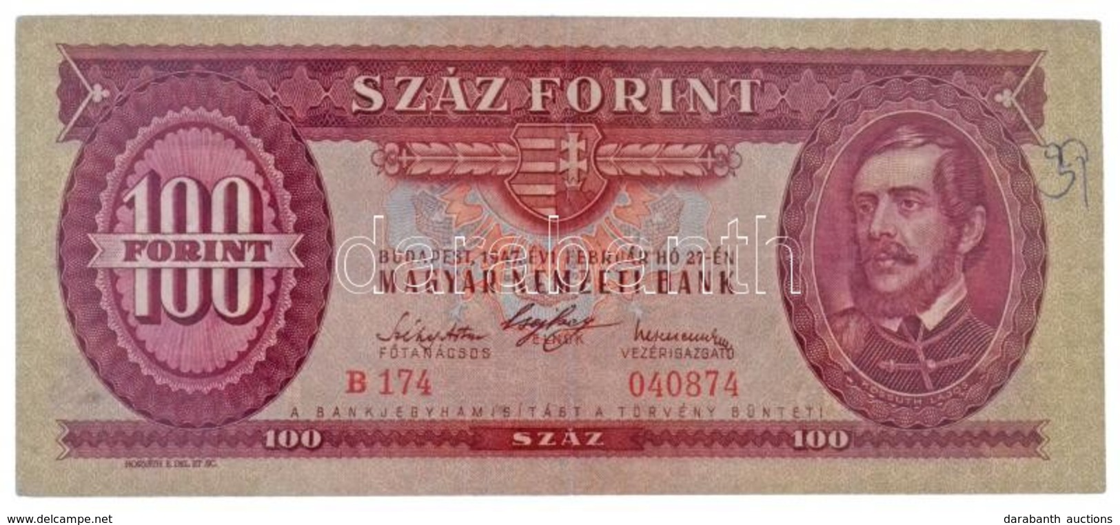 1947. 100Ft 'B174 040874' Sorszámmal T:III Szép Papír / Hungary 1947. 100 Forint With 'B174 040874' Serial Number C:F Fi - Zonder Classificatie