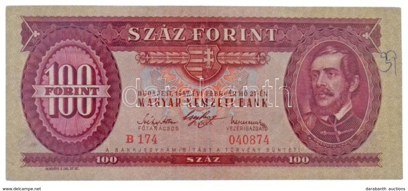 1947. 100Ft 'B174 040874' Sorszámmal T:III Szép Papír / Hungary 1947. 100 Forint With 'B174 040874' Serial Number C:F Fi - Non Classés