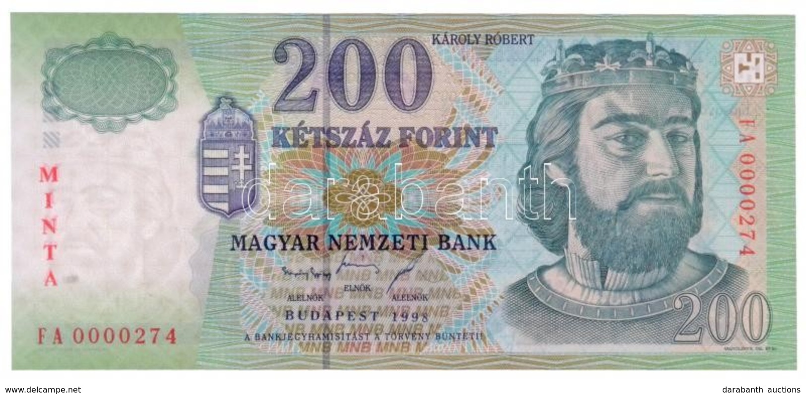 1998. 200Ft 'MINTA' Felülnyomással, 'FA 0000274' Sorszámmal T:I / Hungary 1998. 200 Forint With 'MINTA' Overprint, And ' - Non Classés