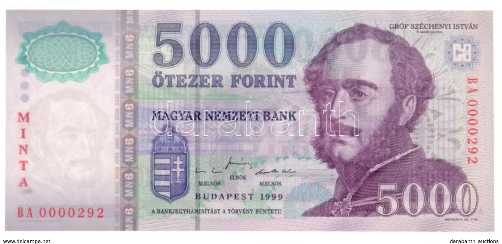 1999. 5000Ft 'MINTA' Felülnyomással, 'BA 0000292' Sorszámmal T:I / Hungary 1999. 5000 Forint With 'MINTA' Overprint And  - Non Classés