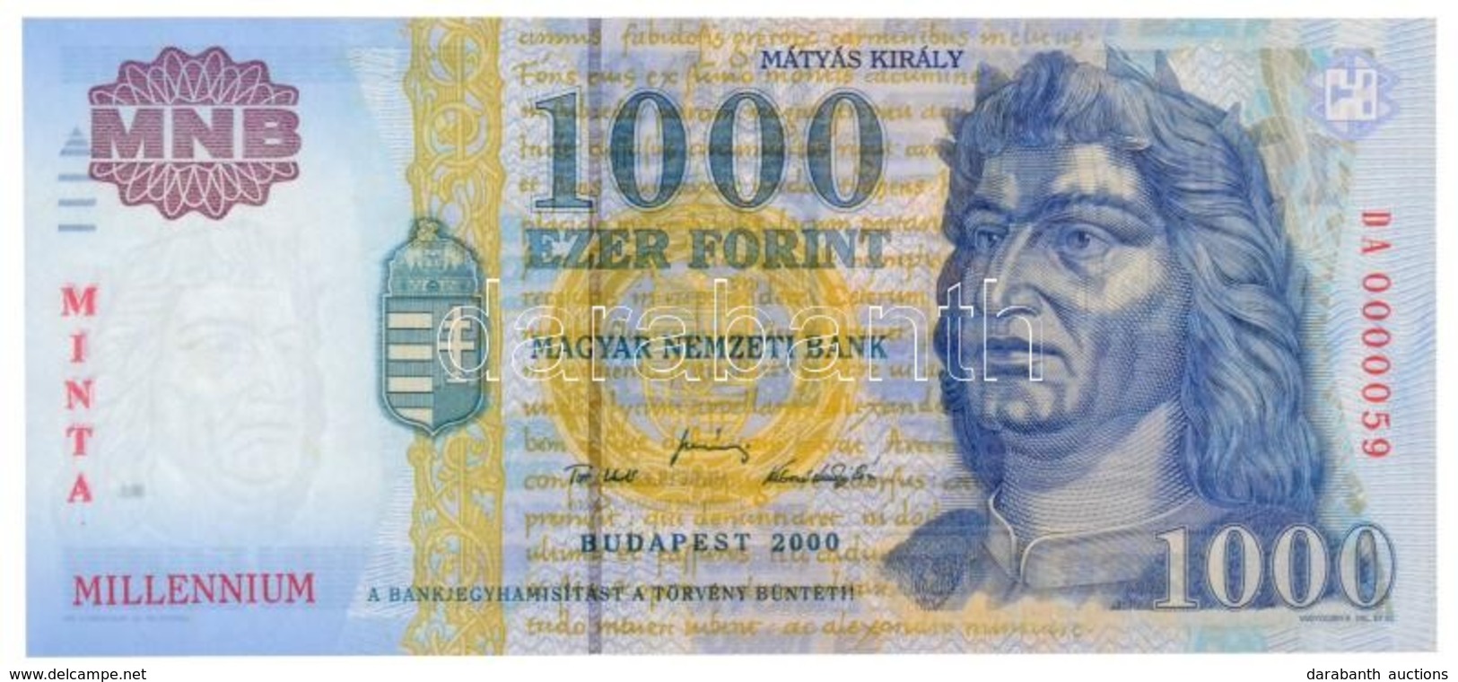 2000. 1000Ft 'MINTA' Felülnyomással, 'Millenium', 'DA 0000059' Sorszámmal T:I / Hungary 2000. 1000 Forint With 'MINTA' O - Non Classés