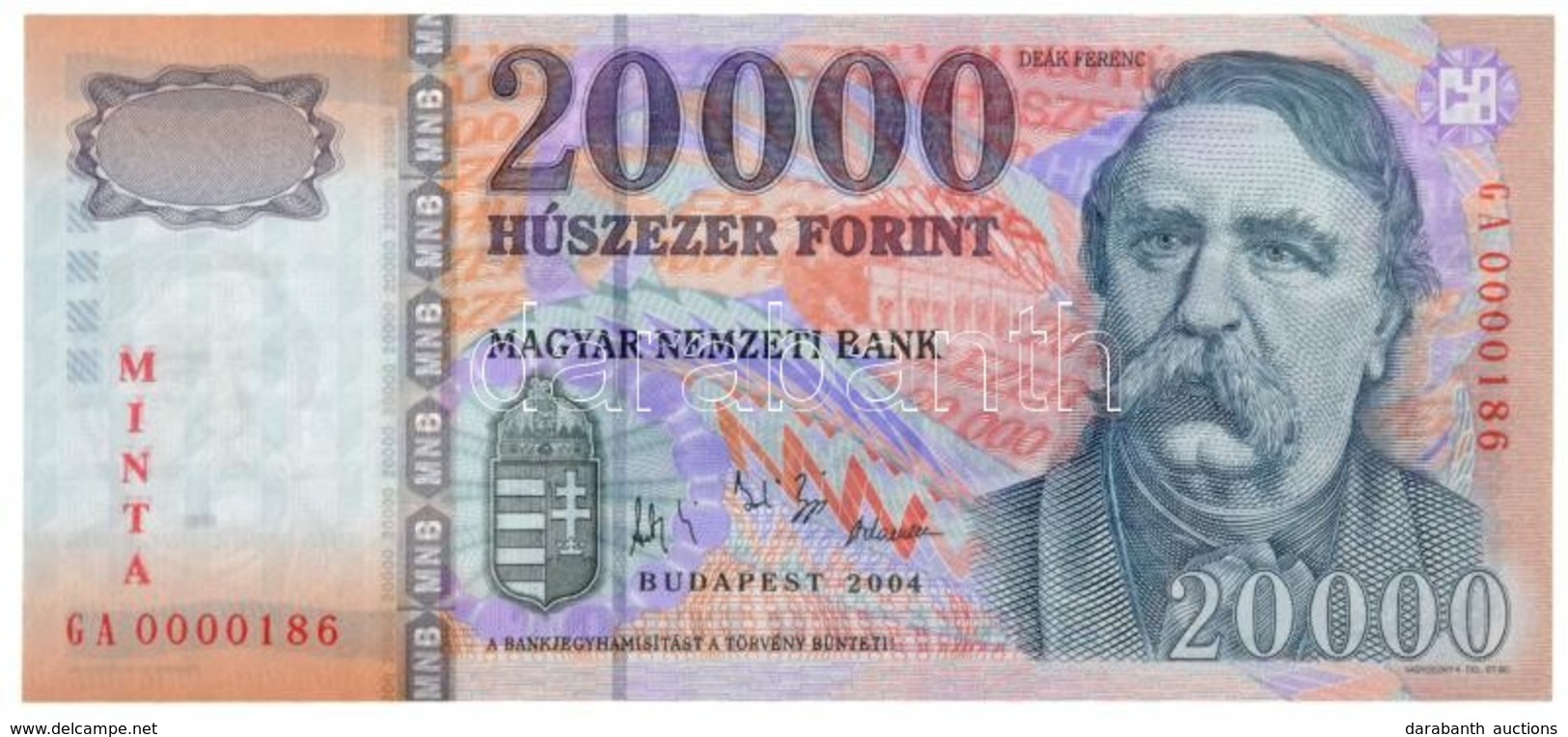 2004. 20.000Ft 'MINTA' Felülnyomással, 'GA 0000186' Sorszámmal T:I / Hungary 2004. 20.000 Forint With 'MINTA' Overprint  - Non Classés