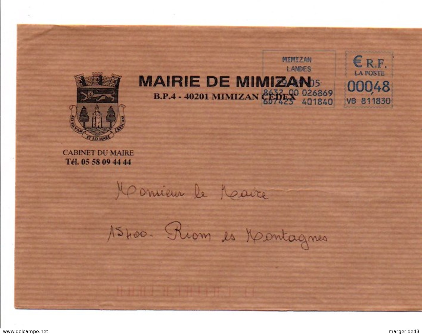 LETTRE DE MAIRIE DE MIMIZAN LANDES - 1961-....