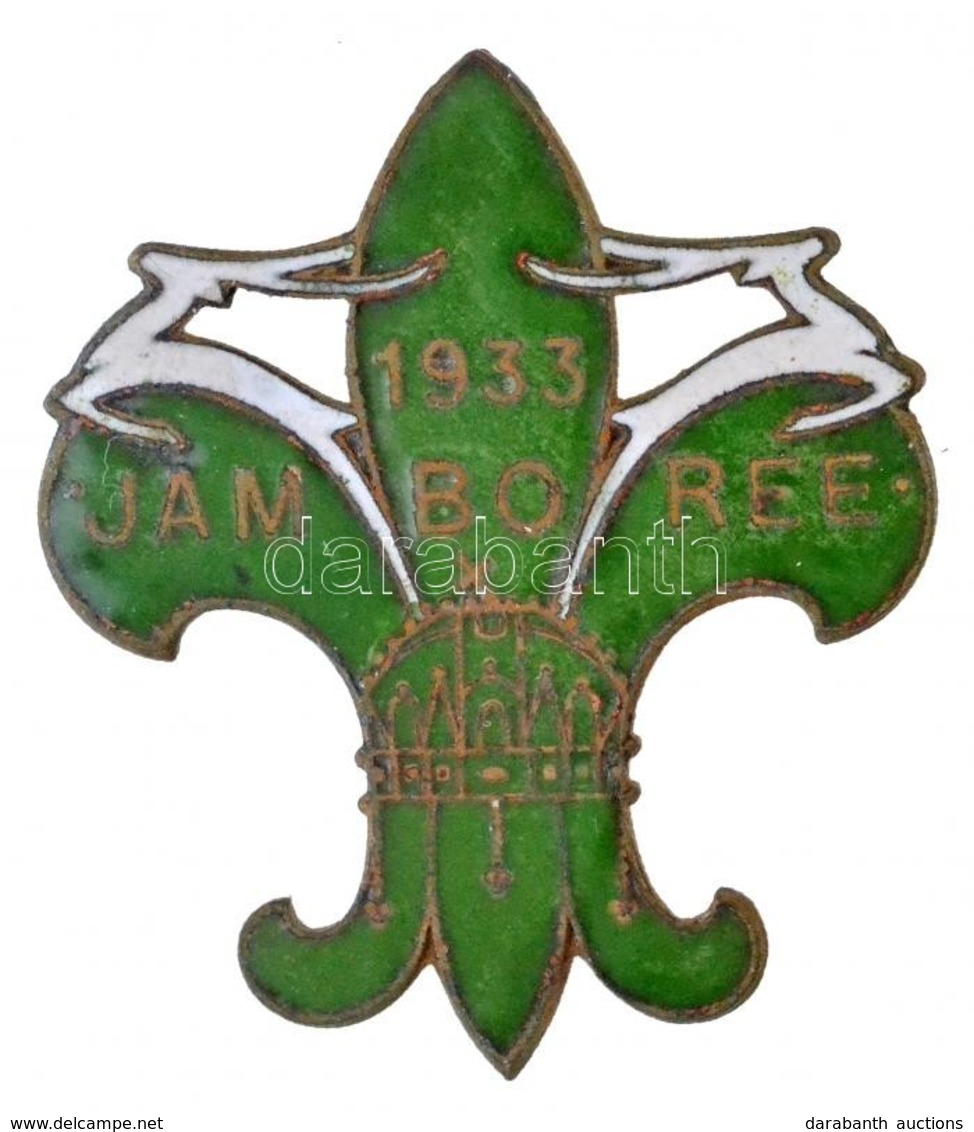 1933. 'Jamboree' Zöld-fehér Zománcozott Cserkész Kitűző (36x32mm) T:2 Tű Hiányzik / Hungary 1933. 'Jamboree' White-green - Non Classés