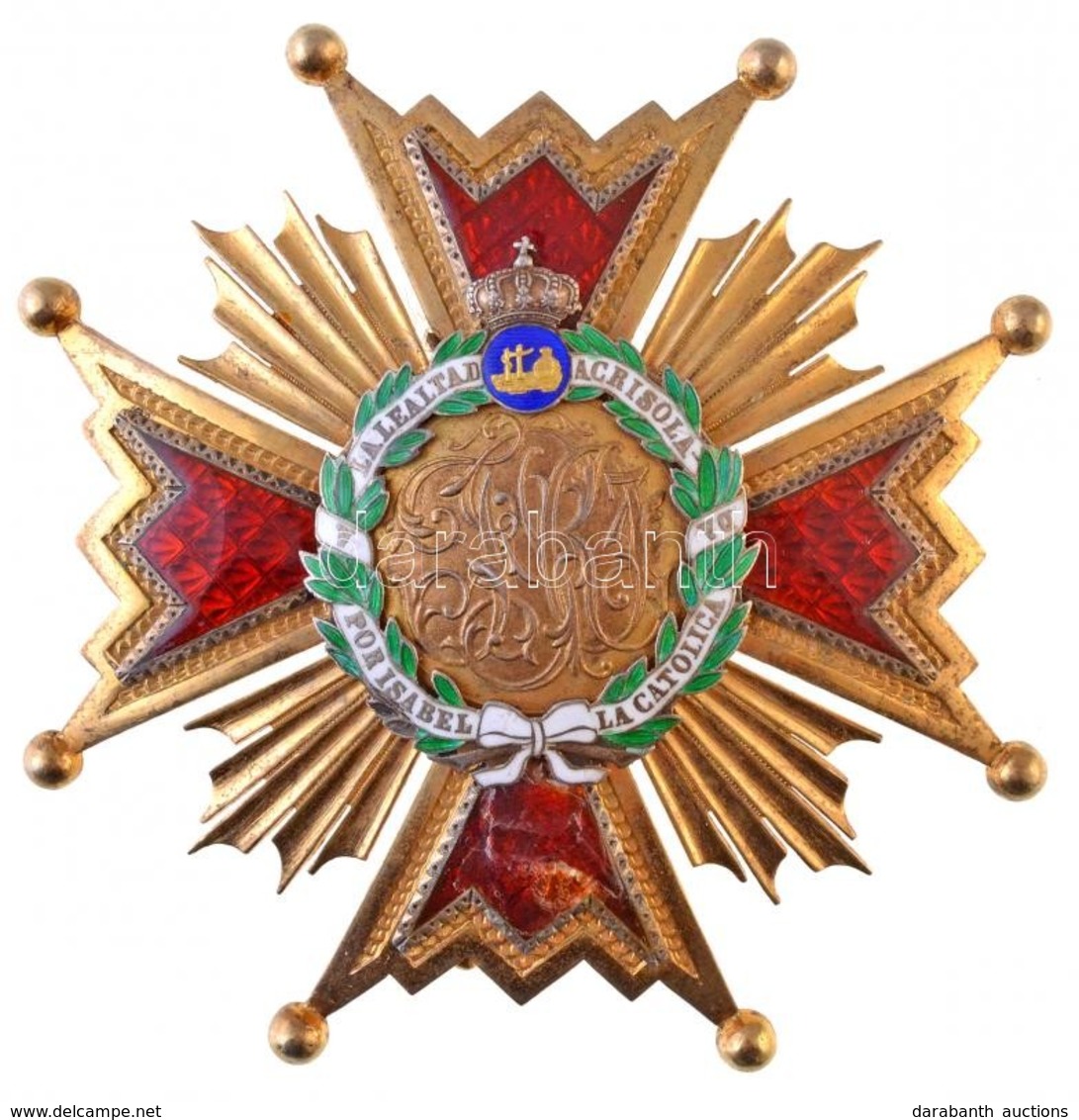 Spanyolország ~1900-1975. 'Katolikus Izabella-rend Középkeresztjének Csillaga' Aranyozott és Zománcozott Kitüntetés, Jel - Ohne Zuordnung