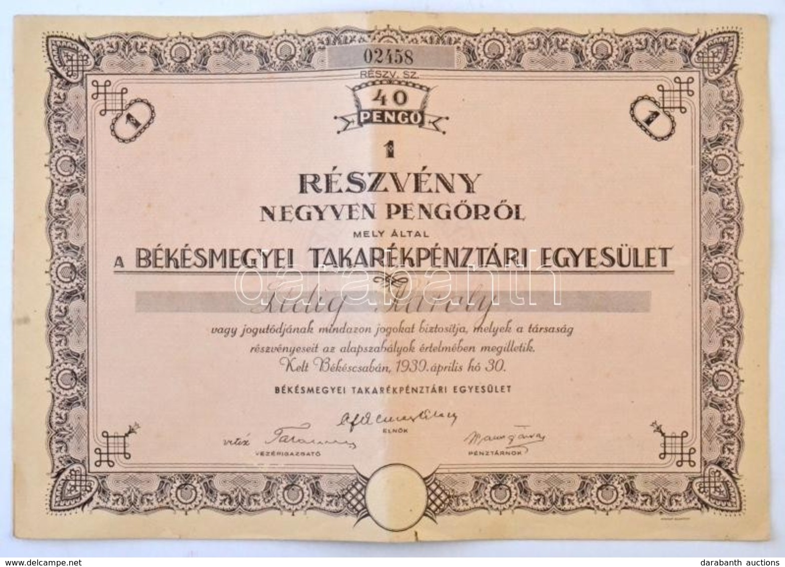 1939. 'Békásmegyeri Takarékpénztári Egyesület' Névre Szóló Részvénye 40P-ről, Szelvényekkel, Szárazpecséttel T:III Szaka - Non Classés