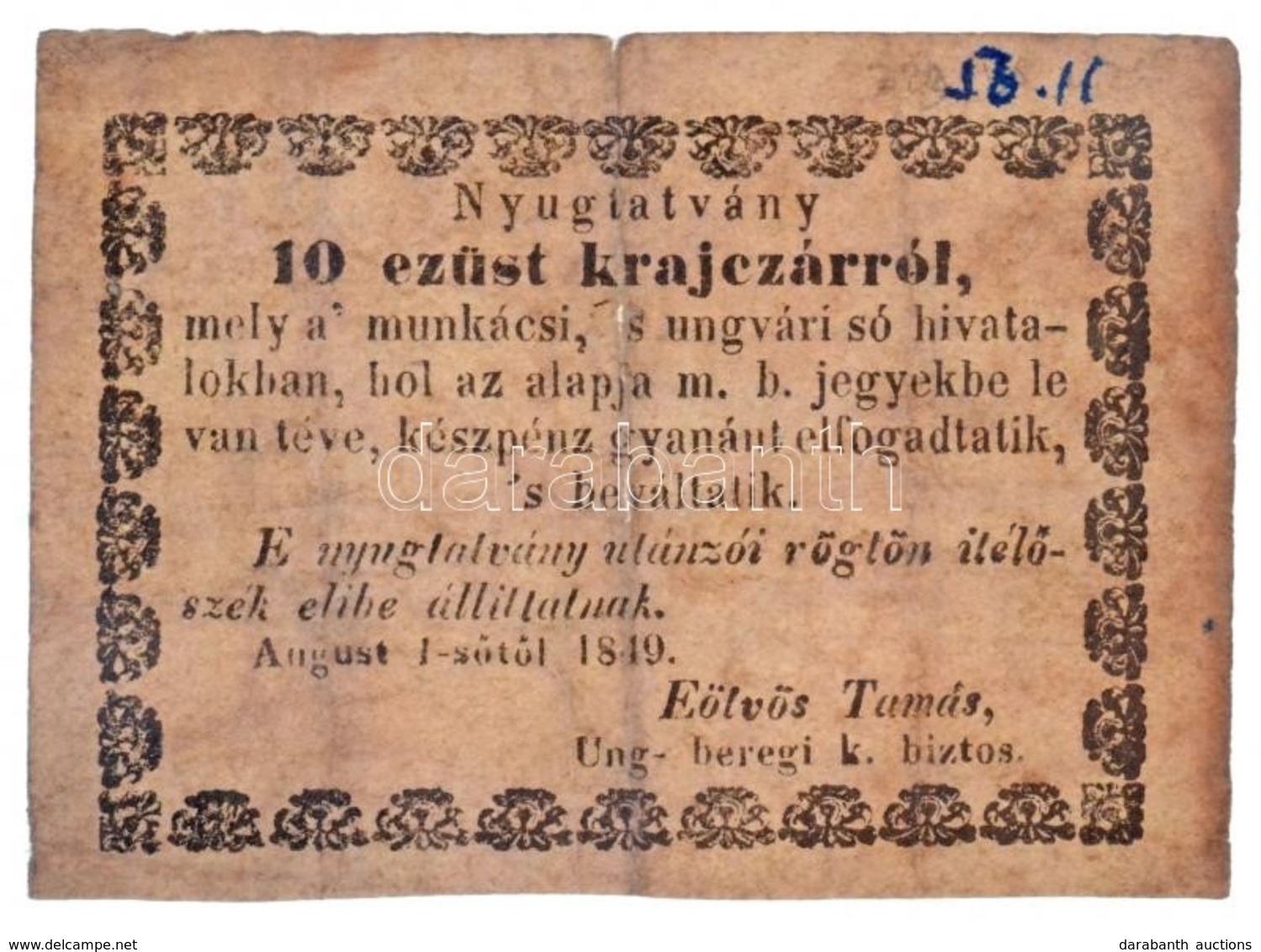 Munkács 1849. 10kr 'Munkácsi Sóhivatal' T:III Középső Hajtás Mentén Papír Elvékonyodott / Hungary / Munkács 1849. 10 Kre - Unclassified