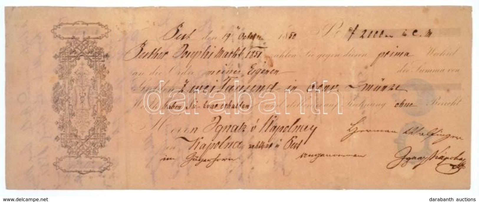 1850. Váltó 2000G-ről, Hátoldalán 3Ft és 1Ft Bélyegzővel T:III / 
Hungary 1850. Exchange Bill About 2000 Gulden, With 3  - Non Classés