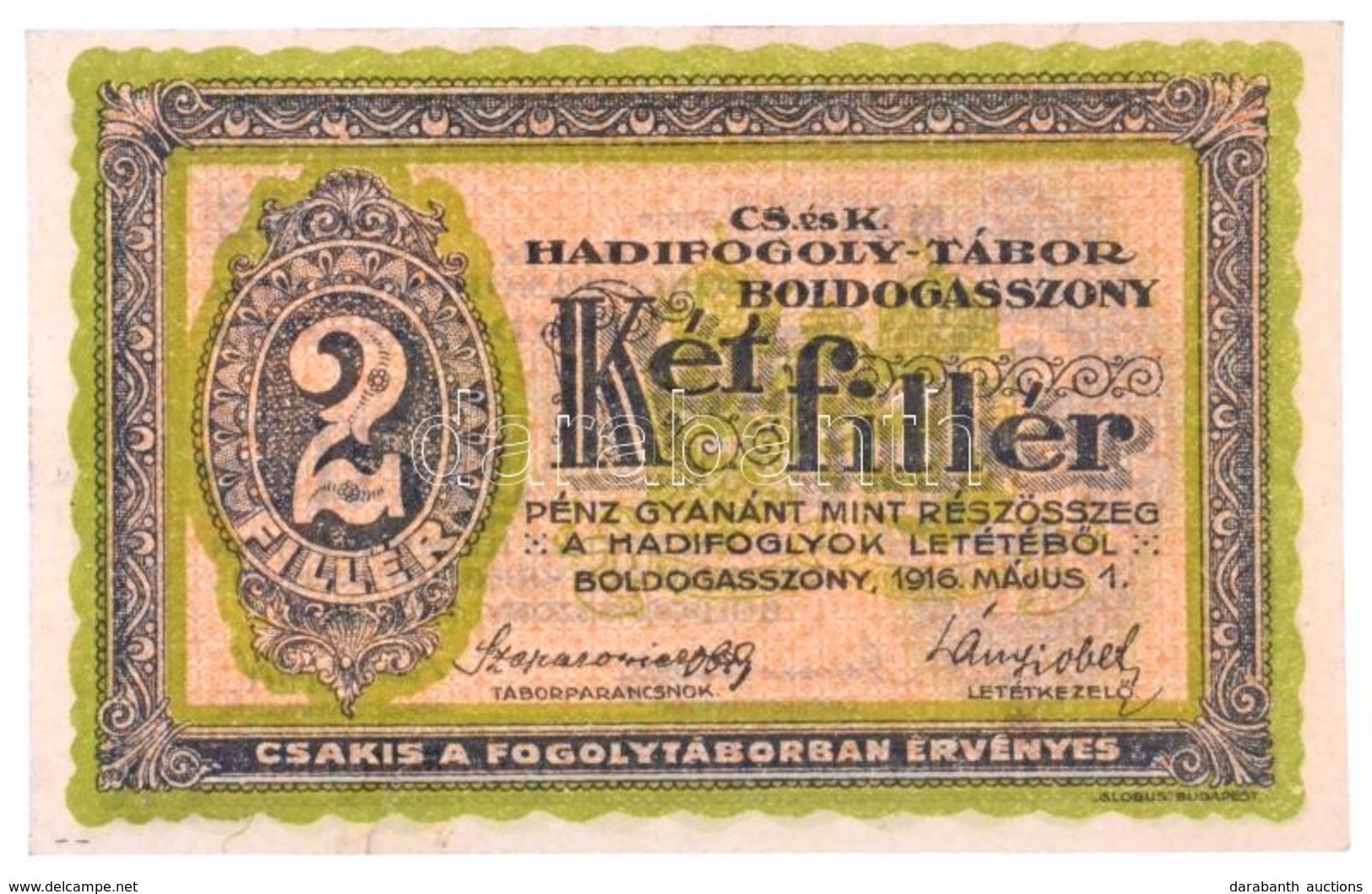 Boldogasszony / Hadifogolytábor 1916. Május 1. 2f Arab Sorozat- és Sorszámmal, 'MS' Betűjelzéssel T:II / 
Hungary / Bold - Non Classés