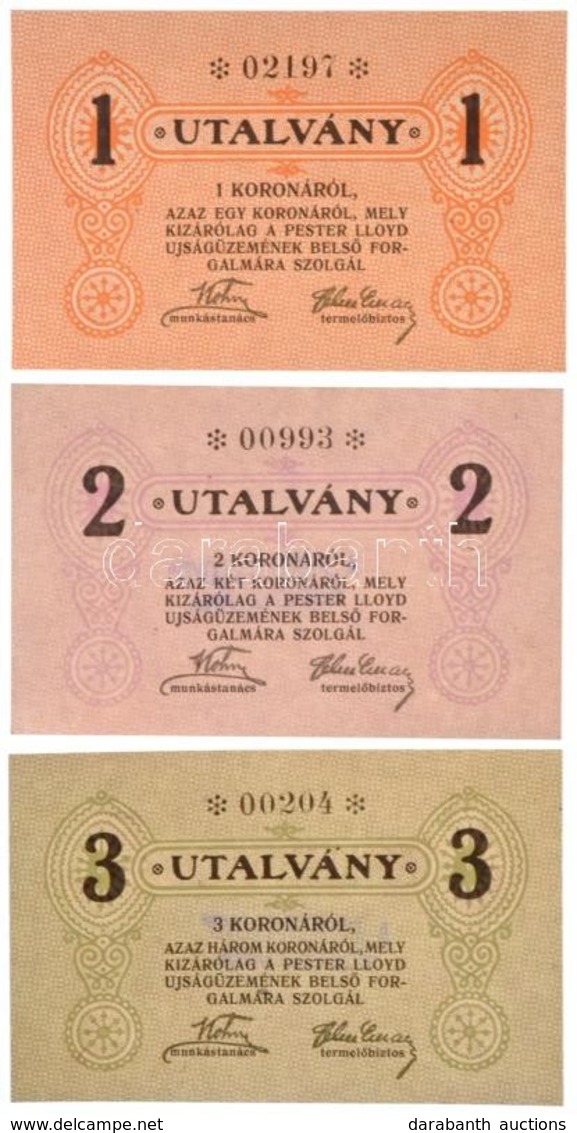 Budapest ~1920. 1K + 2K + 3K 'Pester Lloyd' Utalvány Hátoldalon Bélyegezve T:I,I- / Hungary / Budapest ~1920. 1 Korona + - Non Classés