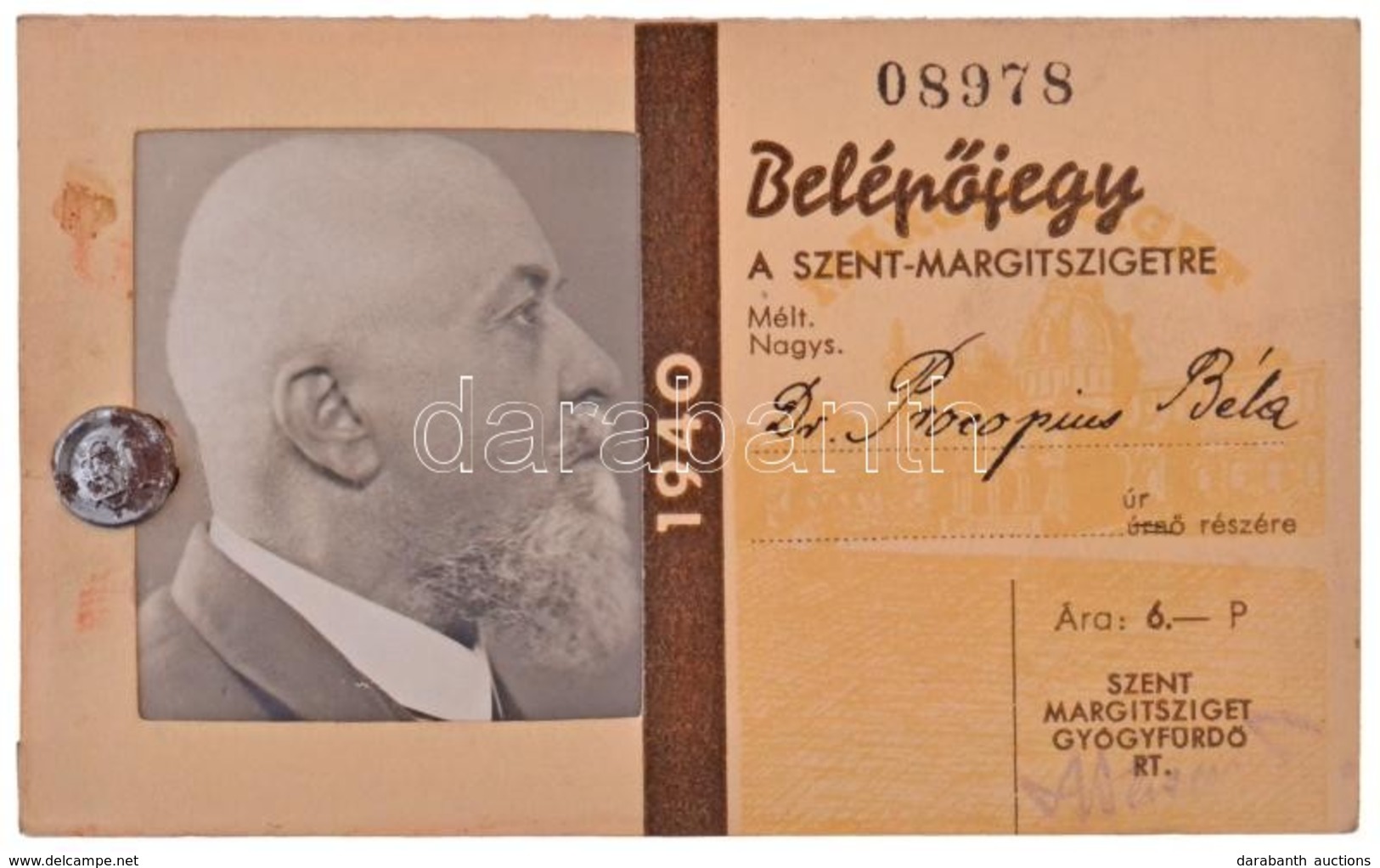 1940. 'Belépőjegy A Szent-Margitszigetre' Fényképes Igazolvány Dr. Procopius Béla (1868-1945) Numizmatikus Számára Kiáll - Non Classés