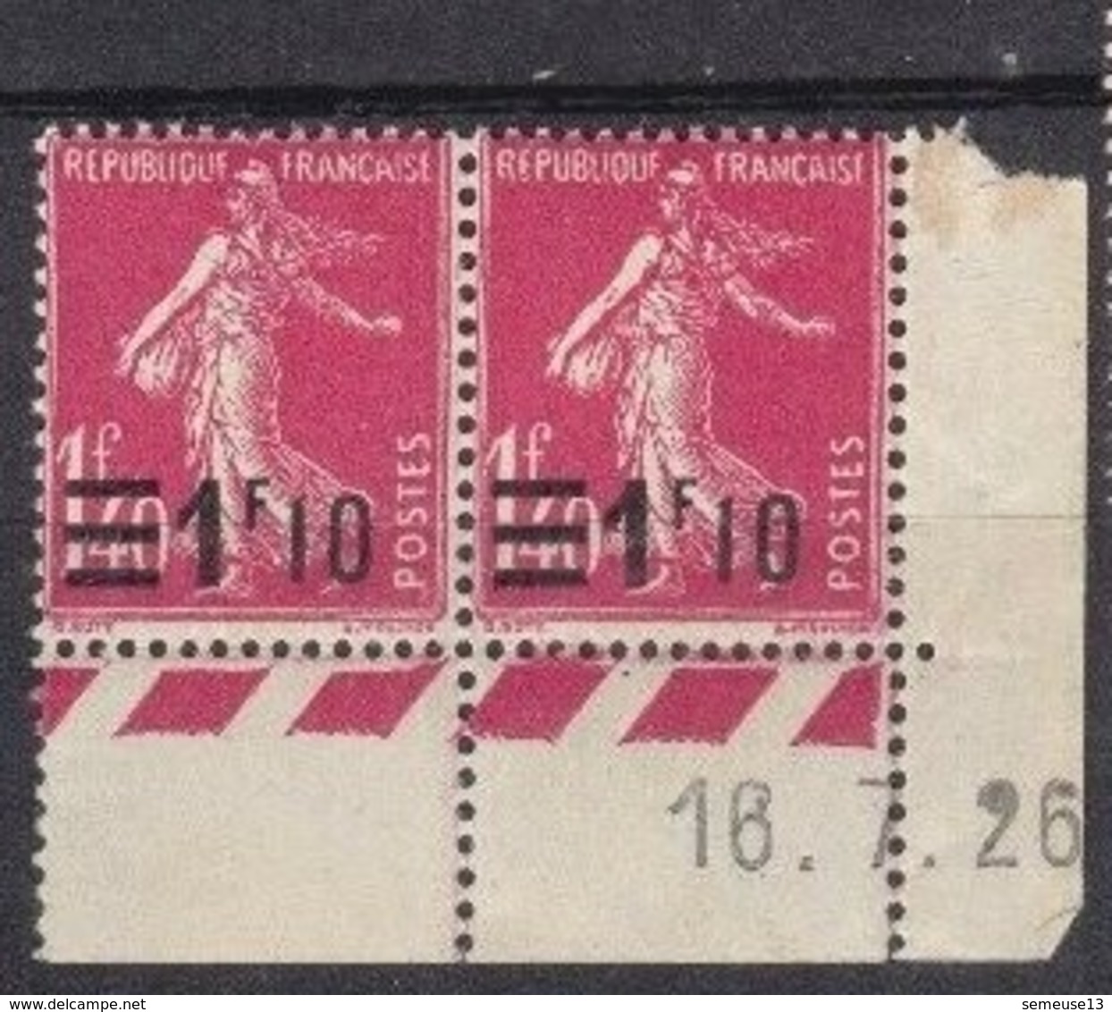 Semeuse 1.10 / 1 F. 40 Rose 228 En Paire Coin Daté - 1906-38 Säerin, Untergrund Glatt