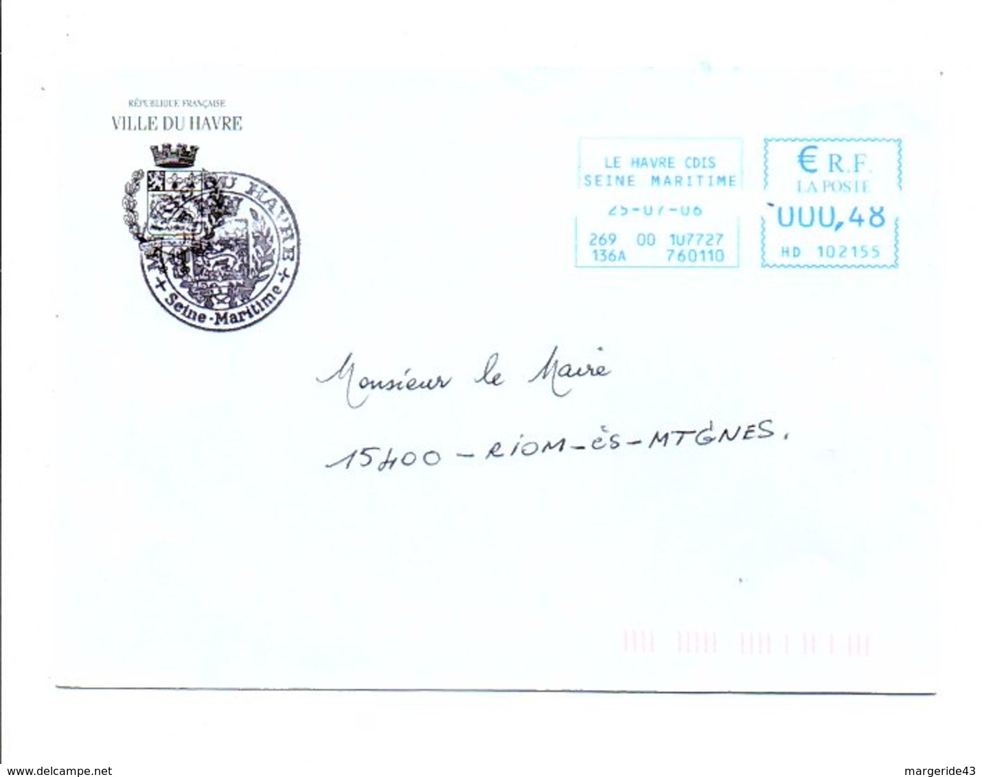 LETTRE DE MAIRIE DU HAVRE SEINE MARITIME - 1961-....