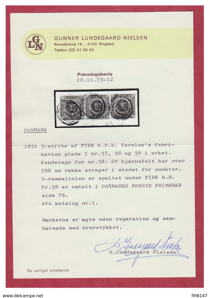 DANEMARK -- FIRE RBS -- PLADE I -- NR 57,58,59 -- BANDE DE 3 SUR FRAGMENT -- CERTIFICAT LUNDEGAARD NIELSEN-- - Gebraucht