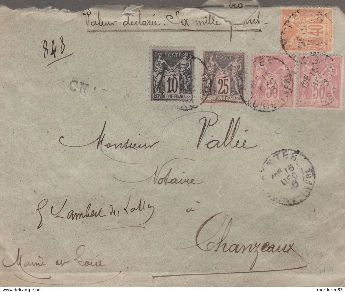 SAGE 50 X 2 +40 +25 +10 C SUR LETTRE VD 6000F NANTES 15/12/96 POUR CHANZEAUX MAINE ET LOIRE - 1877-1920: Période Semi Moderne