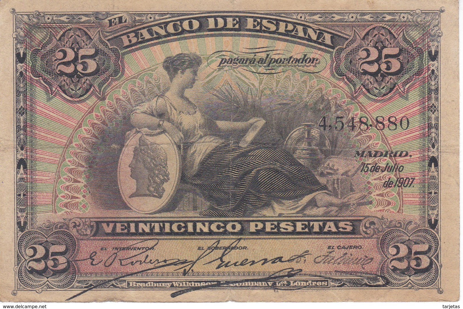BILLETE DE ESPAÑA CLASICO DE 25 PTAS DEL AÑO 1907 SIN SERIE  (BANKNOTE) - 1-2-5-25 Pesetas