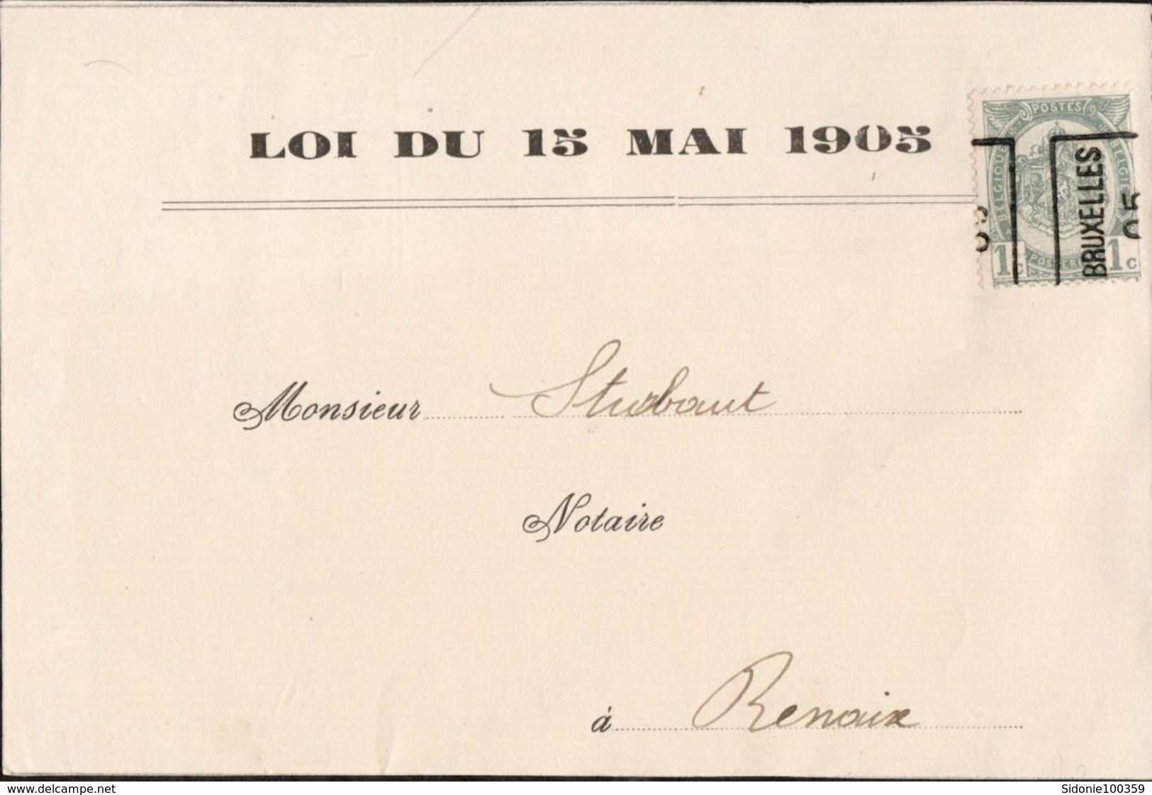 Petite Feuille Affranchie Avec Un Timbre Préoblitéré Envoyée De Bruxelles Vers Renaix En 1905 - Roulettes 1900-09