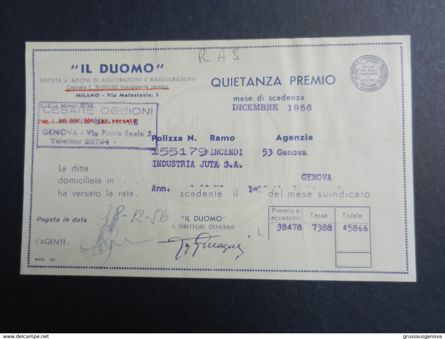 6c) IL DUOMO ASSICURAZIONI MILANO QUIETANZA PAGAMENTO 1956 - Italia