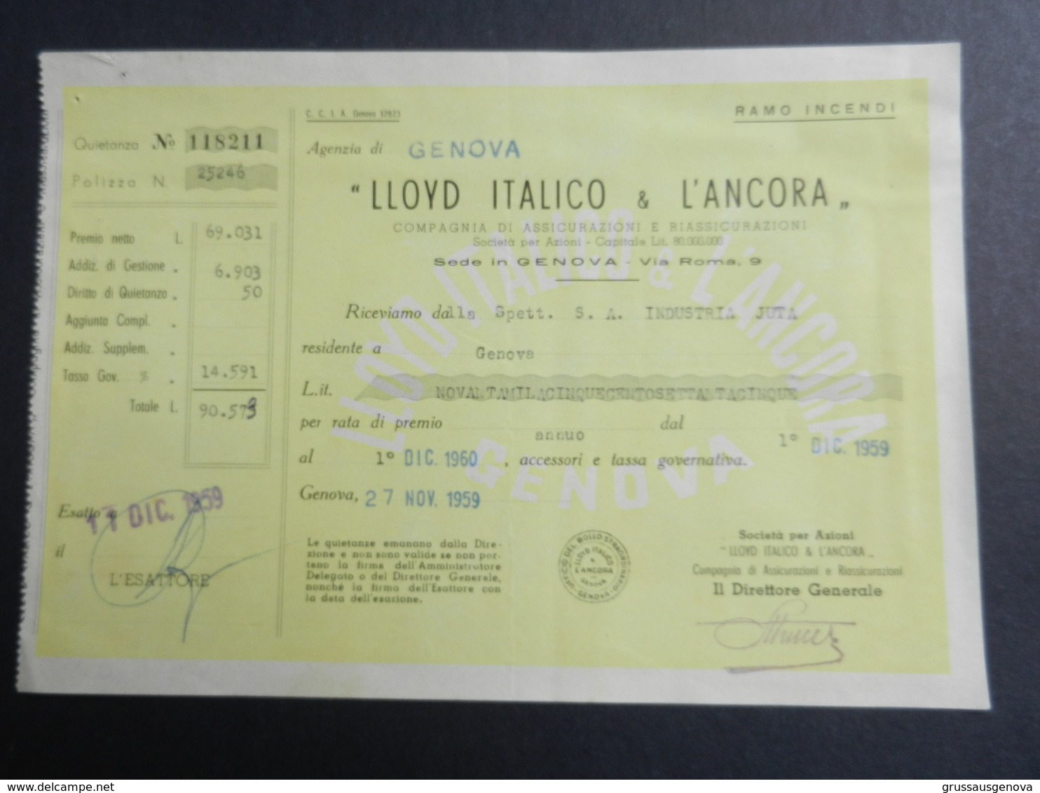 6c) LLOYD ITALICO L'ANCORA ASSICURAZIONI QUIETANZA PAGAMENTO 1959 - Italia