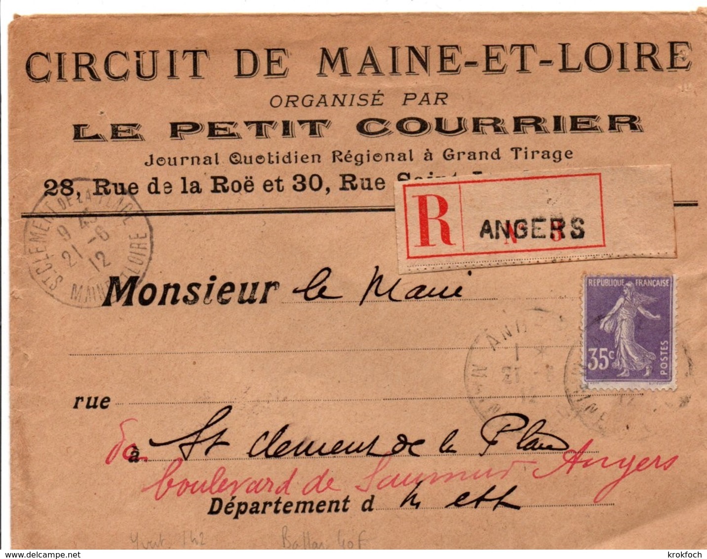 Angers 1912 - Lettre Recommandée Avec étiquette Sur Semeuse YT 142 - Petit Courrier - Circuit De Maine-et-Loire - 1877-1920: Semi-Moderne