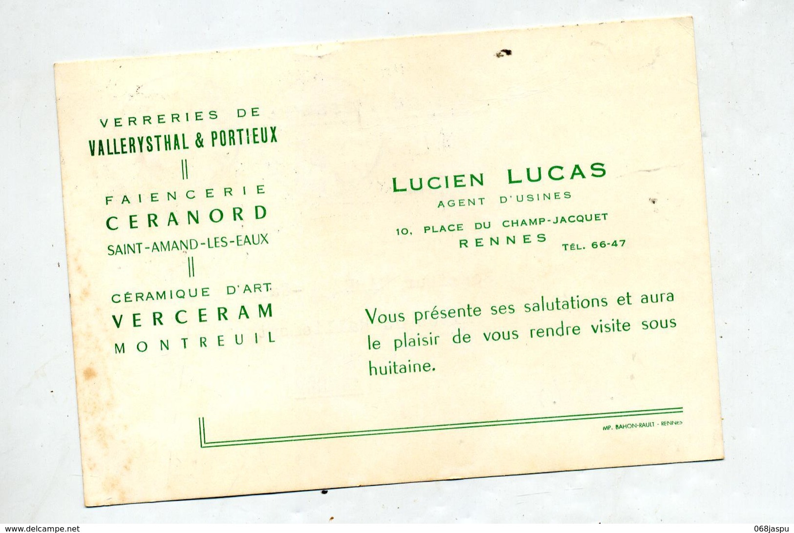 Carte Cachet Rennes Sur Moisson  Theme Faience Verrerie - Cachets Manuels