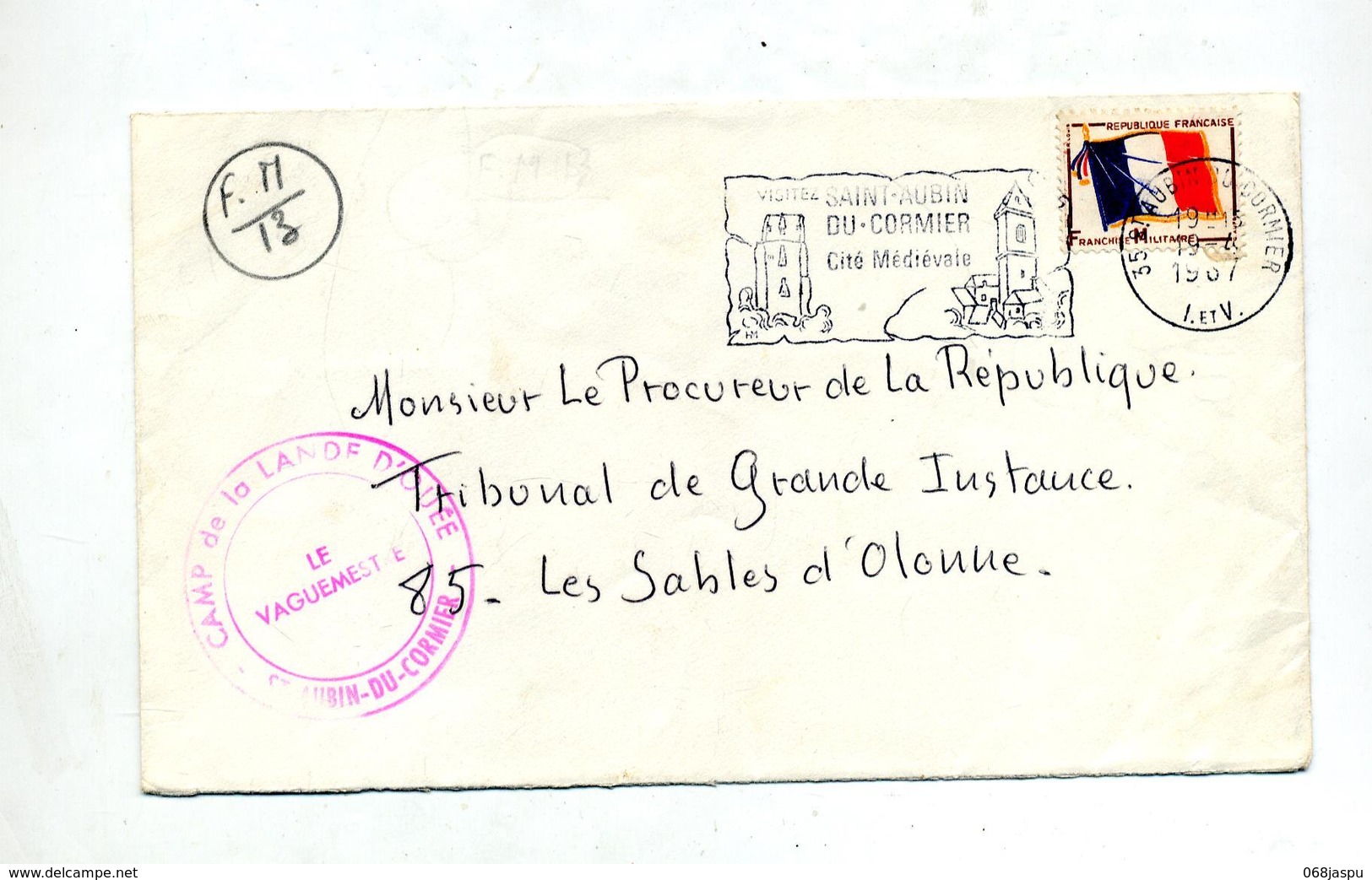 Lettre Franchise Militaire Flamme Saint Aubin Cite Medieval Sur Drapeau + Camp La Lande - Oblitérations Mécaniques (flammes)