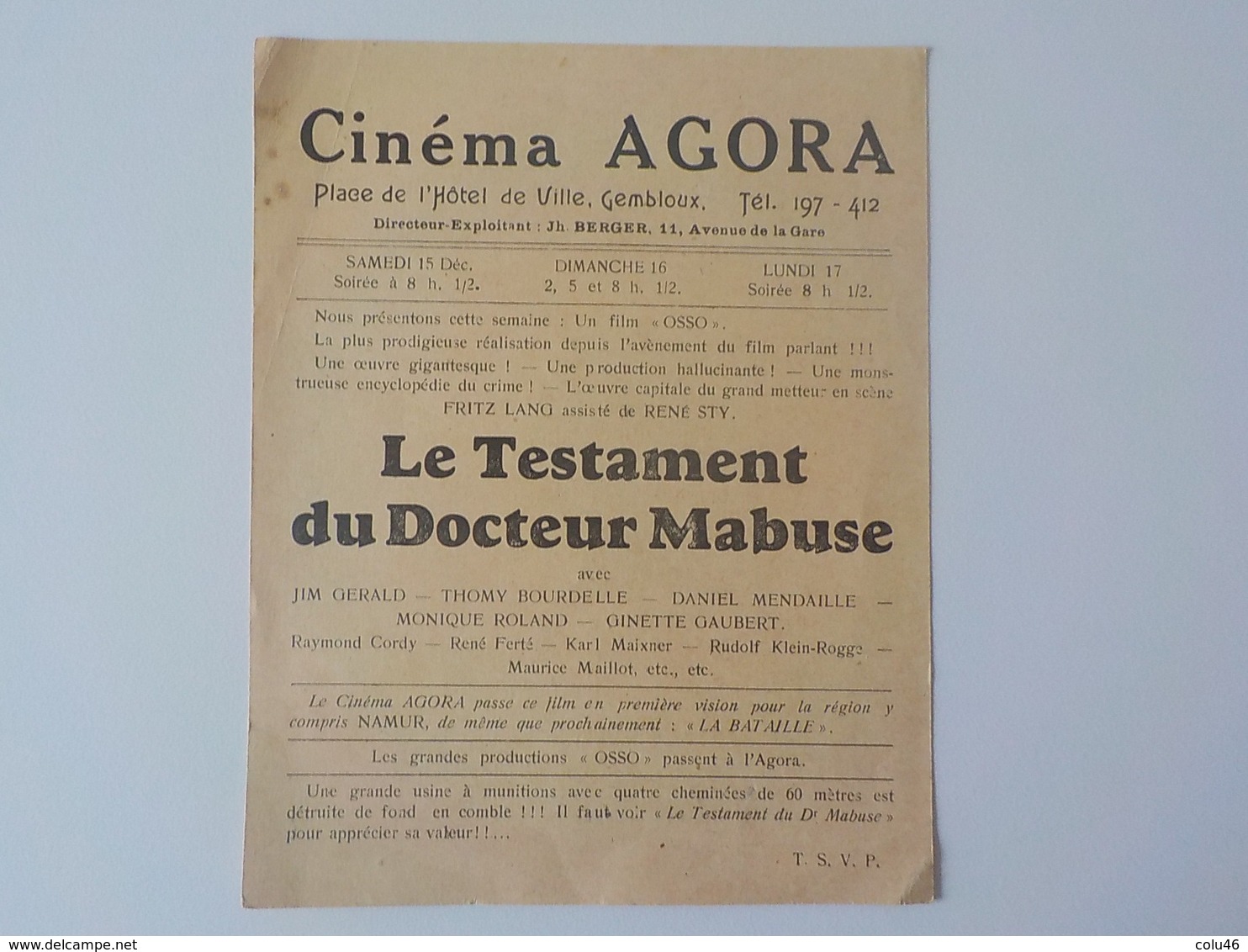 1934 Gembloux Programme Cinéma Agora Testament Docteur Mabuse Fritz Lang Film Cinématographie - Gembloux