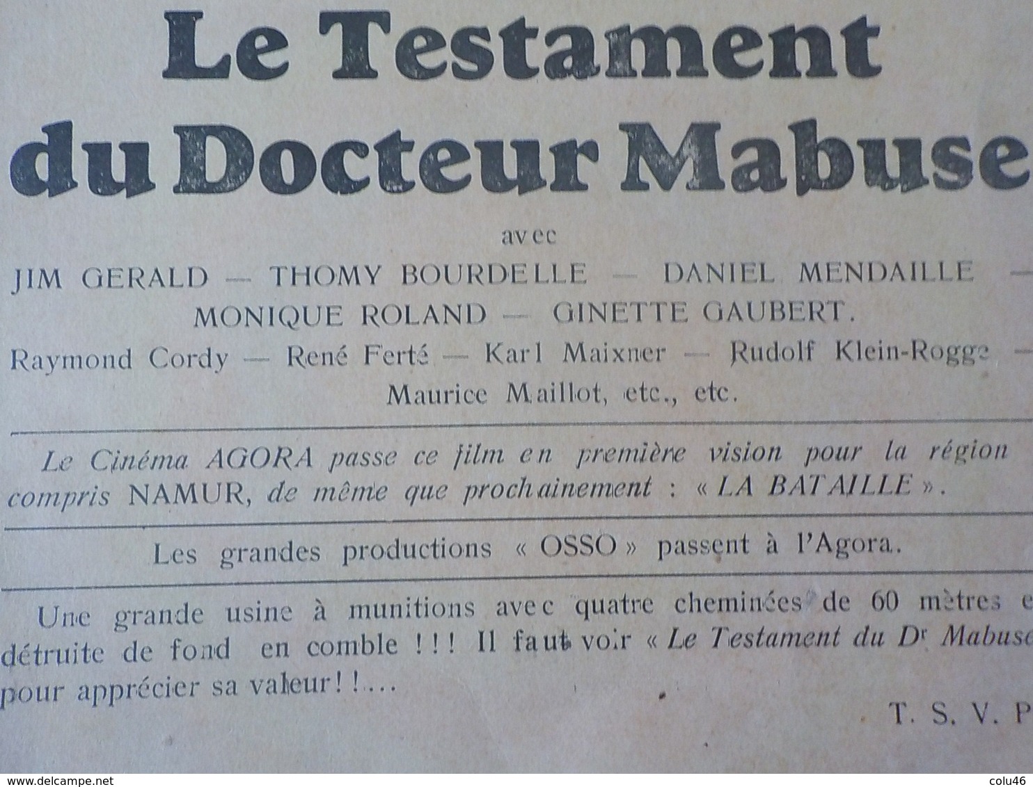 1934 Gembloux Programme Cinéma Agora Testament Docteur Mabuse Fritz Lang Film Cinématographie - Gembloux