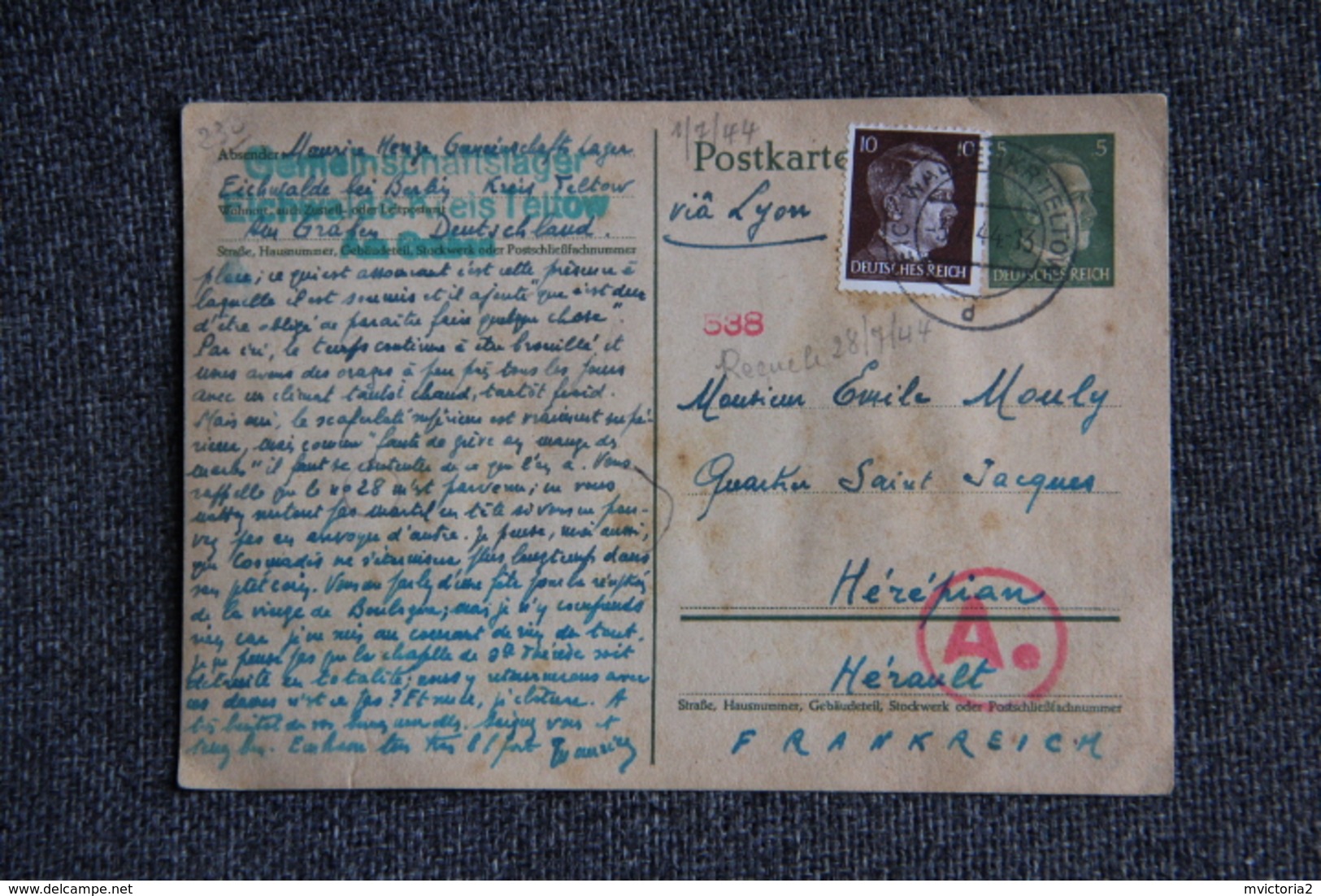 Carte Postale Envoyée D'un Camp De Prisonnier Allemand Le 1er Juillet 1944 Vers La France ( Entier Postal Et Timbre ) - Lettres & Documents