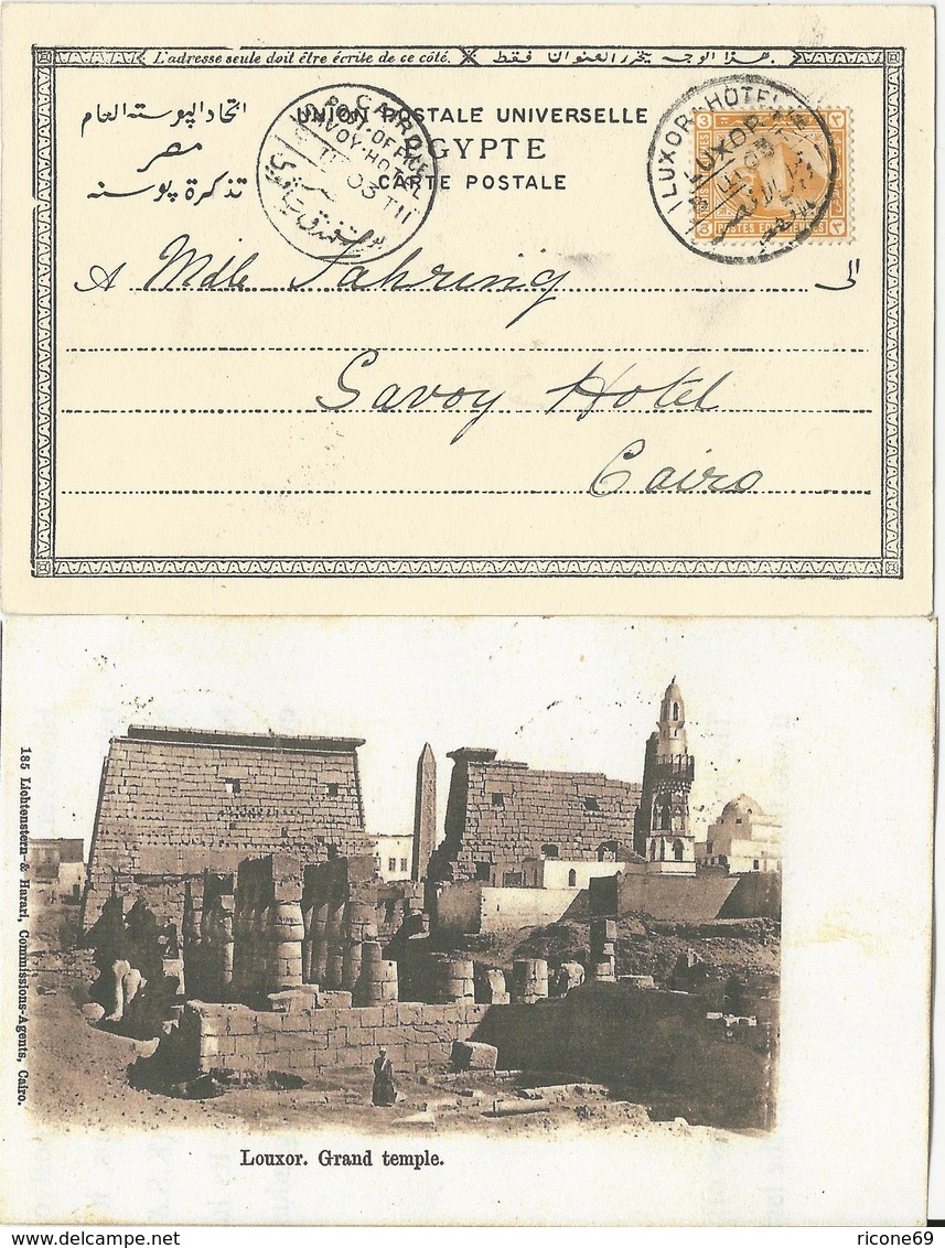 Ägypten 1903, Hotel Stempel Luxor U. Savoy Auf AK M. 3 M. - Autres & Non Classés