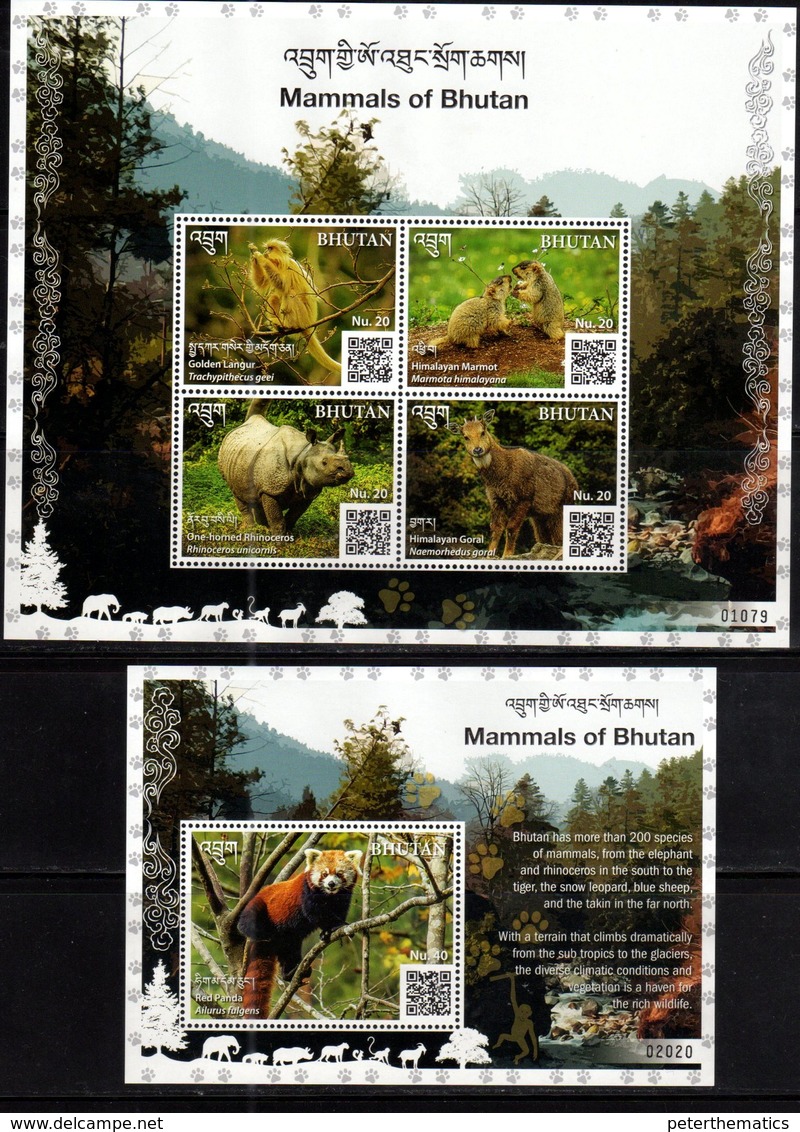 BHUTAN, 2019, MNH, MAMMALS OF BHUTAN, RHINOS, PRIMATES, MONKEYS, RED PANDA,  MARMOTS, SHEETLET+ S/SHEET - Rinoceronti